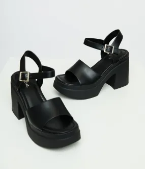 1970s Black Leatherette Chunky Platform Heels