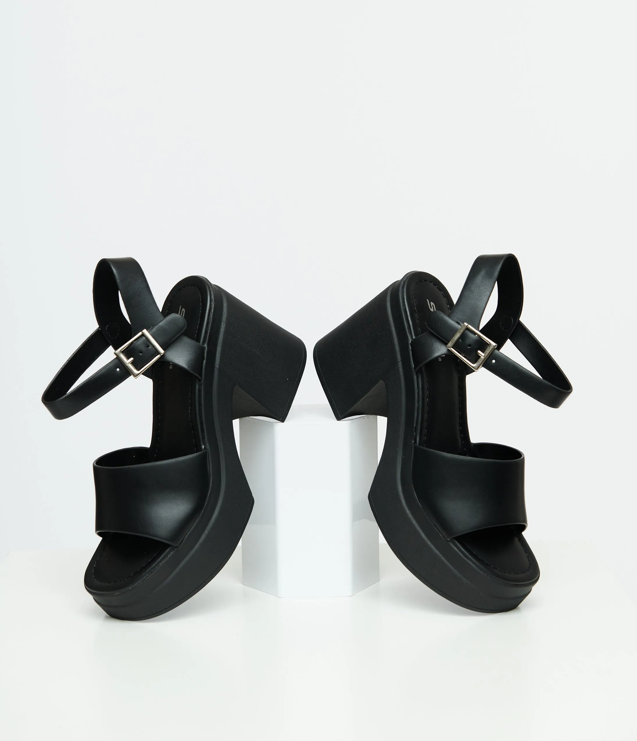 1970s Black Leatherette Chunky Platform Heels