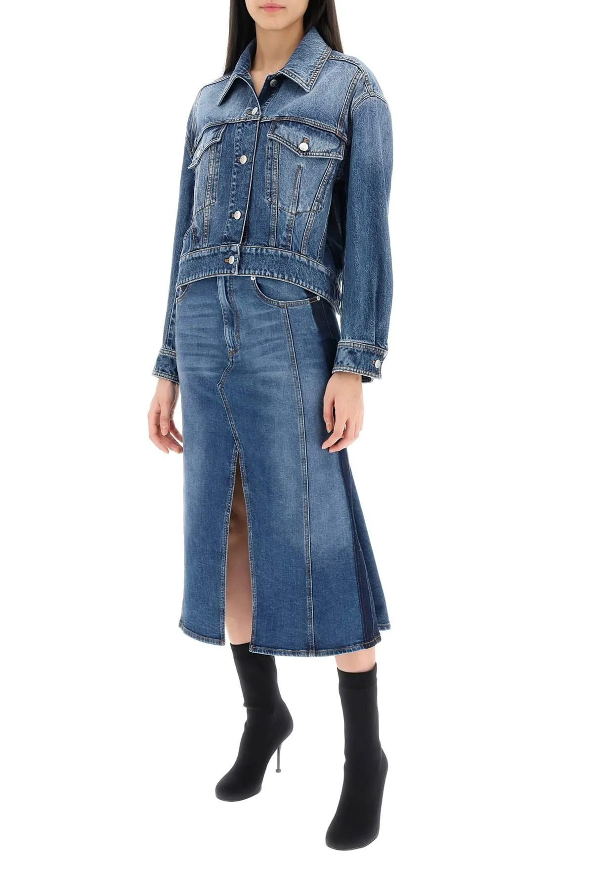 Alexander McQueen    Alexander Mcqueen Washed Denim Midi Skirt