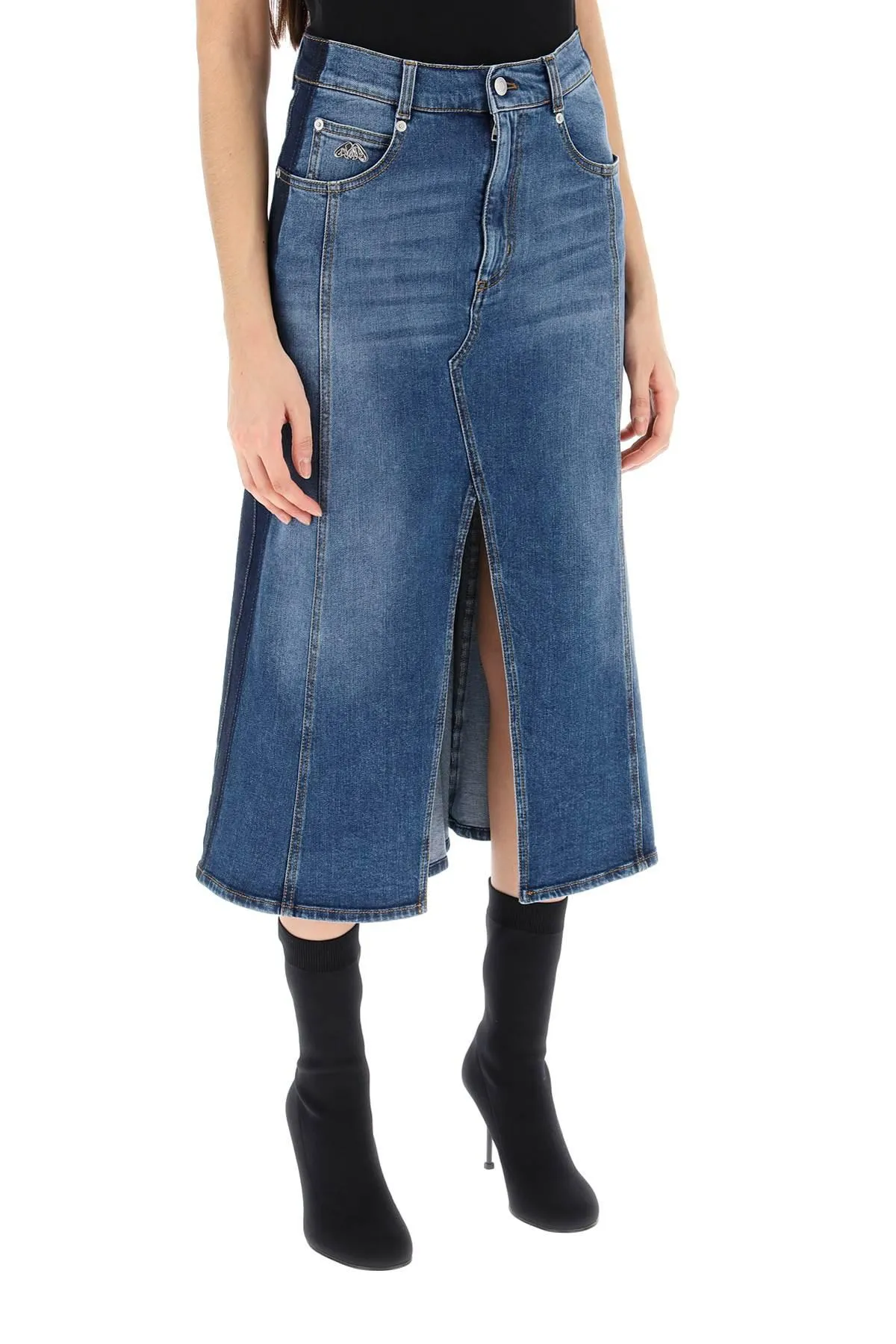 Alexander McQueen    Alexander Mcqueen Washed Denim Midi Skirt