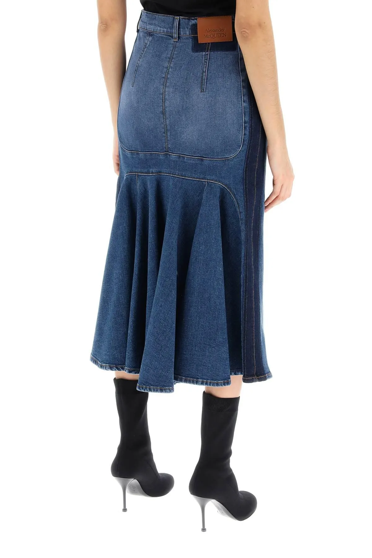 Alexander McQueen    Alexander Mcqueen Washed Denim Midi Skirt