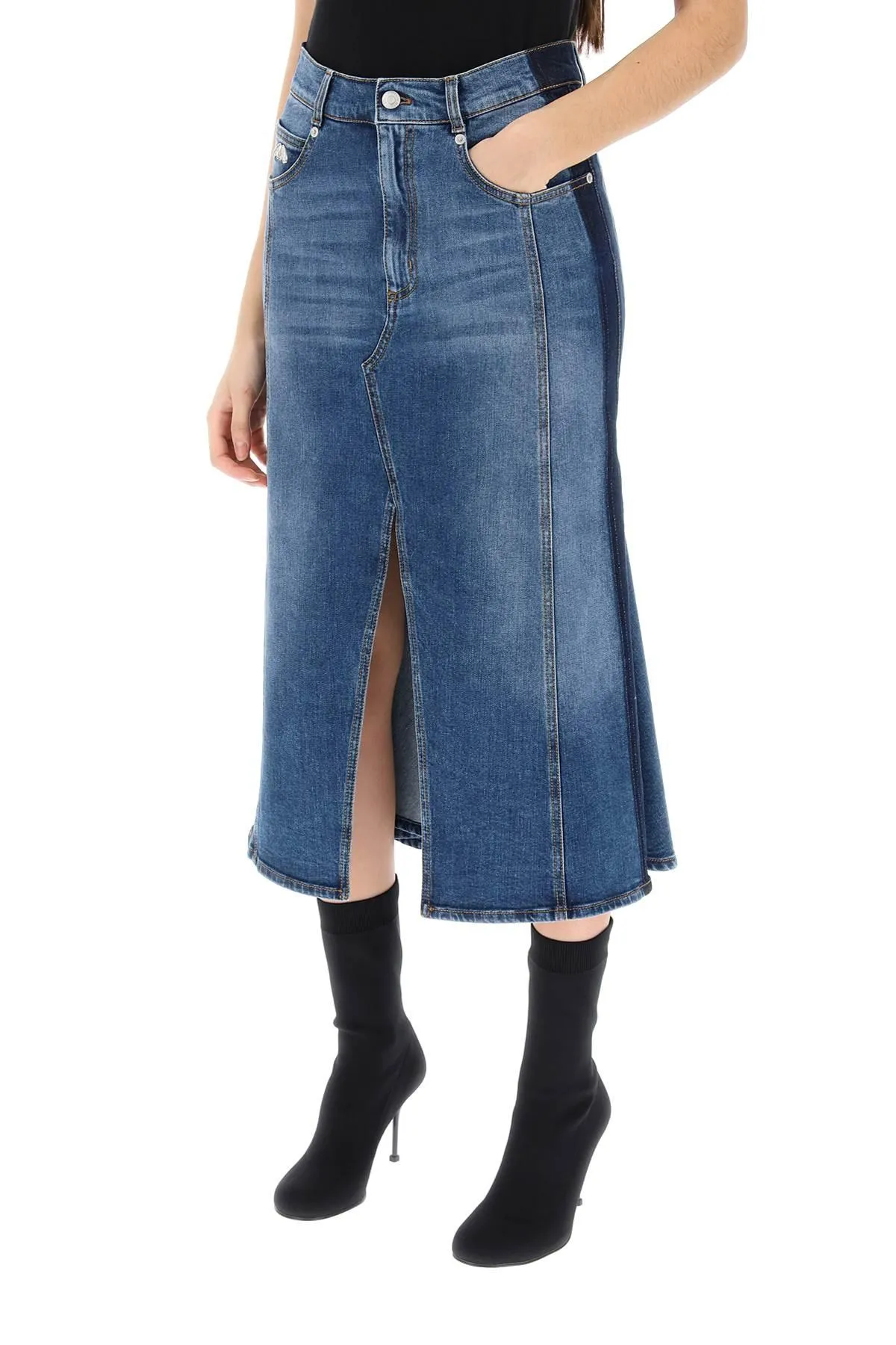 Alexander McQueen    Alexander Mcqueen Washed Denim Midi Skirt