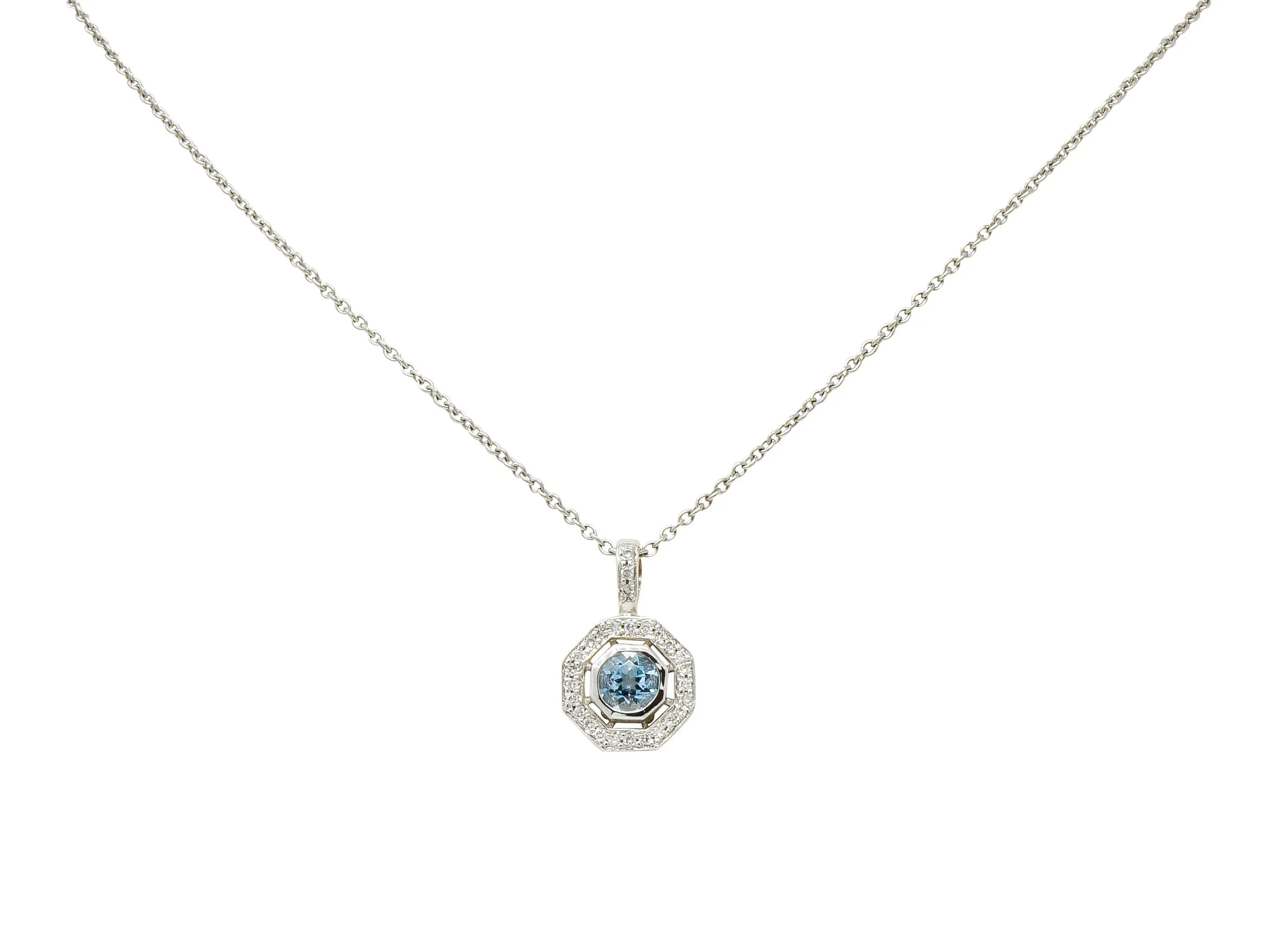 Aquamarine Diamond 18 Karat White Gold Octagonal Pendant Necklace