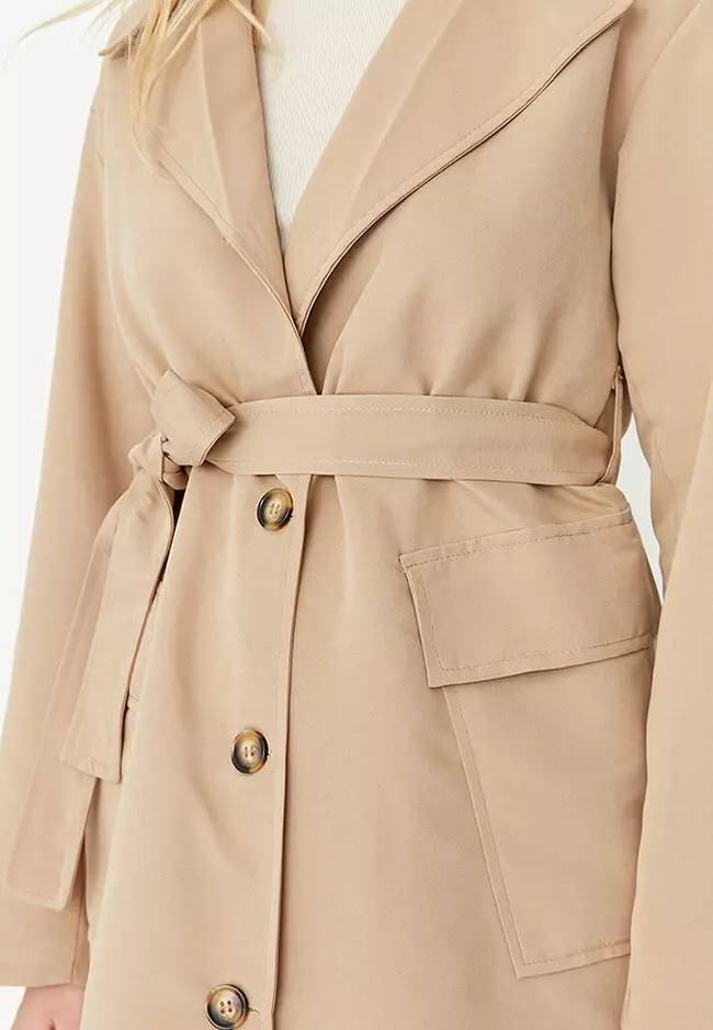 Belted Button Closure Trench Coat