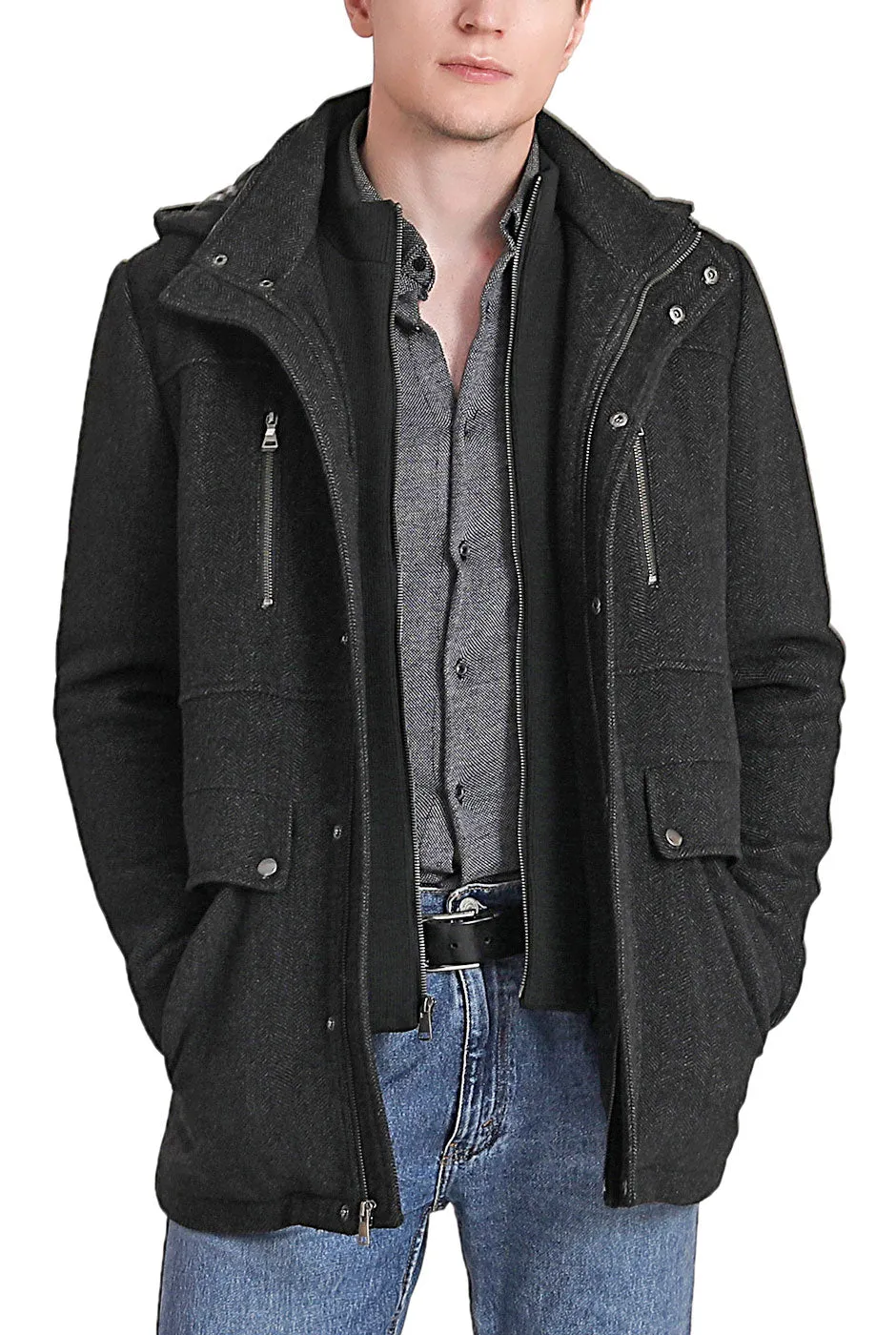 BGSD Men Adam Herringbone Wool Car Coat with Removable Bib