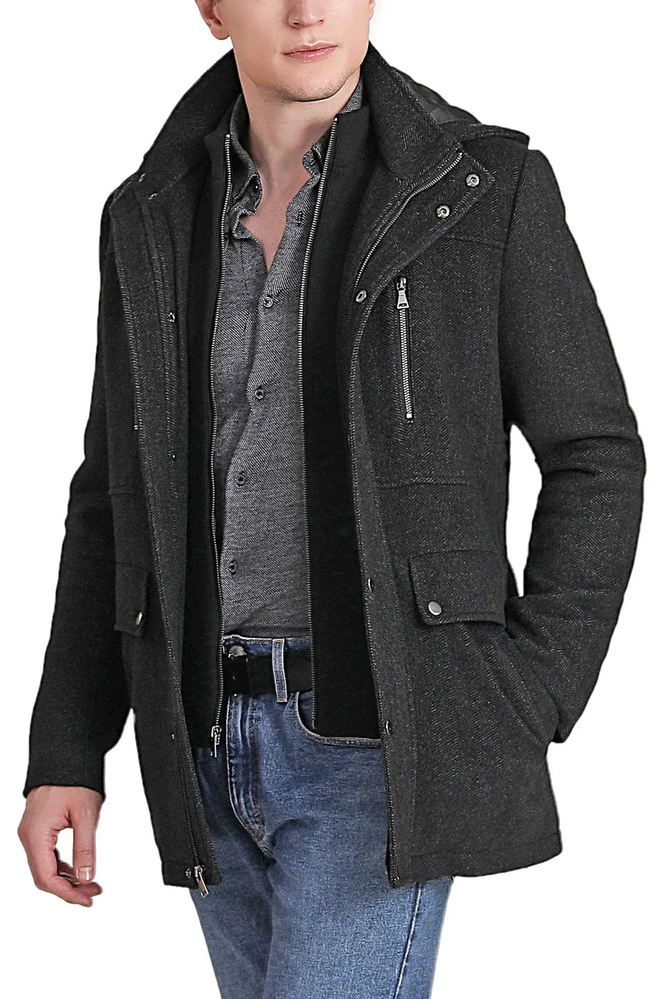 BGSD Men Adam Herringbone Wool Car Coat with Removable Bib