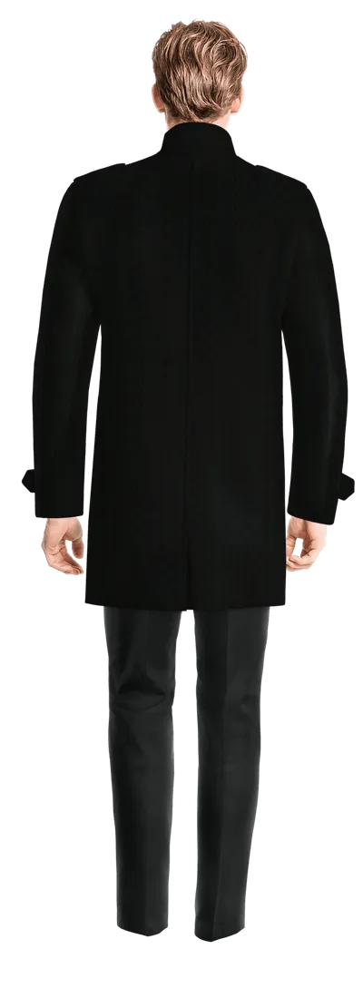 Black Funnel neck Coat with epaulettes