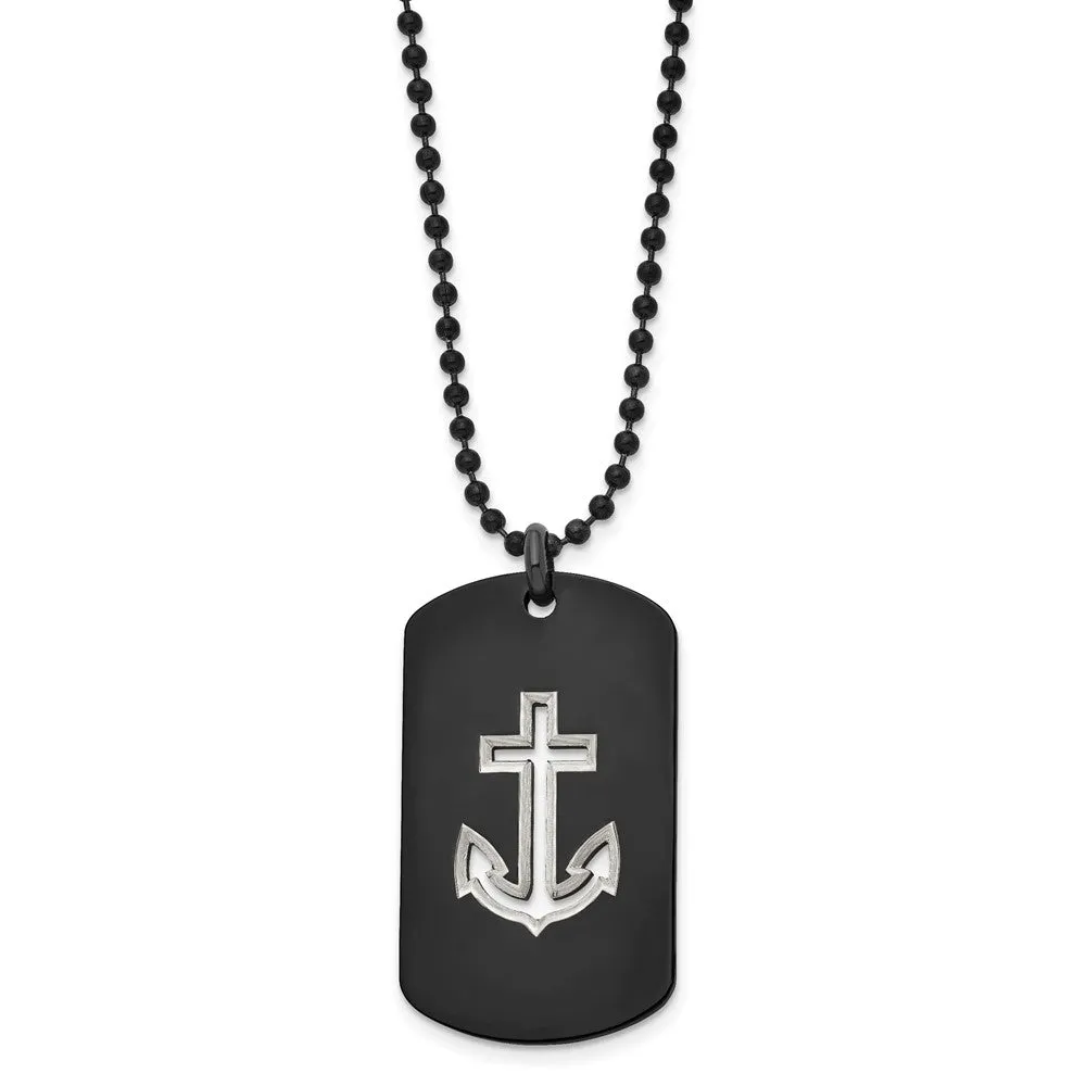 Black Plated Stainless Steel Cutout Anchor Dog Tag Necklace, 22 Inch