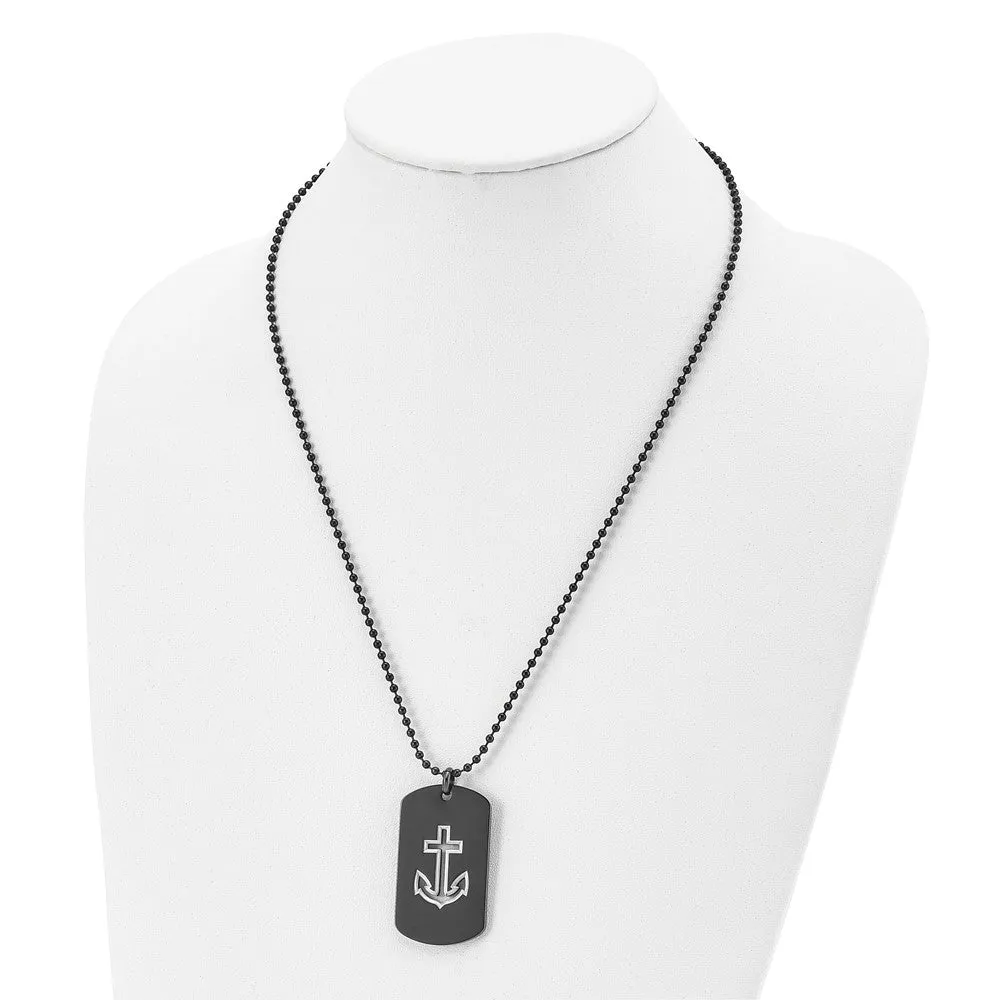 Black Plated Stainless Steel Cutout Anchor Dog Tag Necklace, 22 Inch