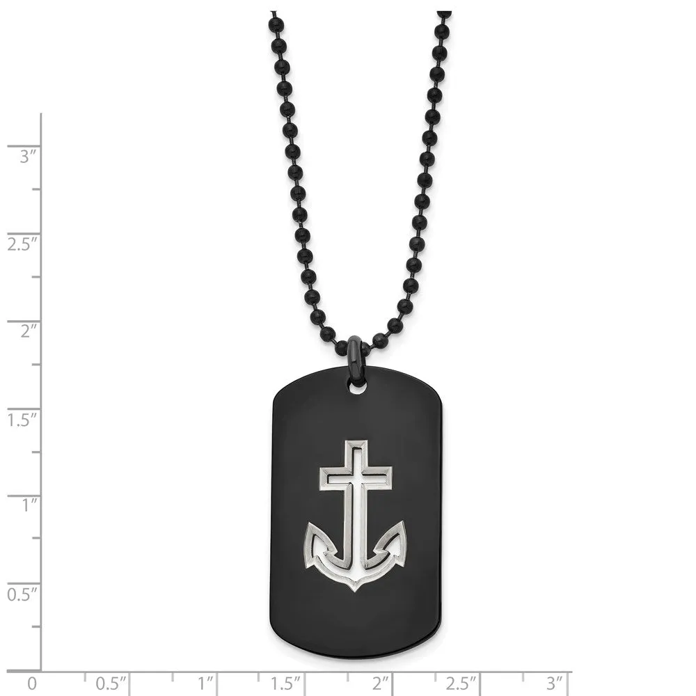 Black Plated Stainless Steel Cutout Anchor Dog Tag Necklace, 22 Inch