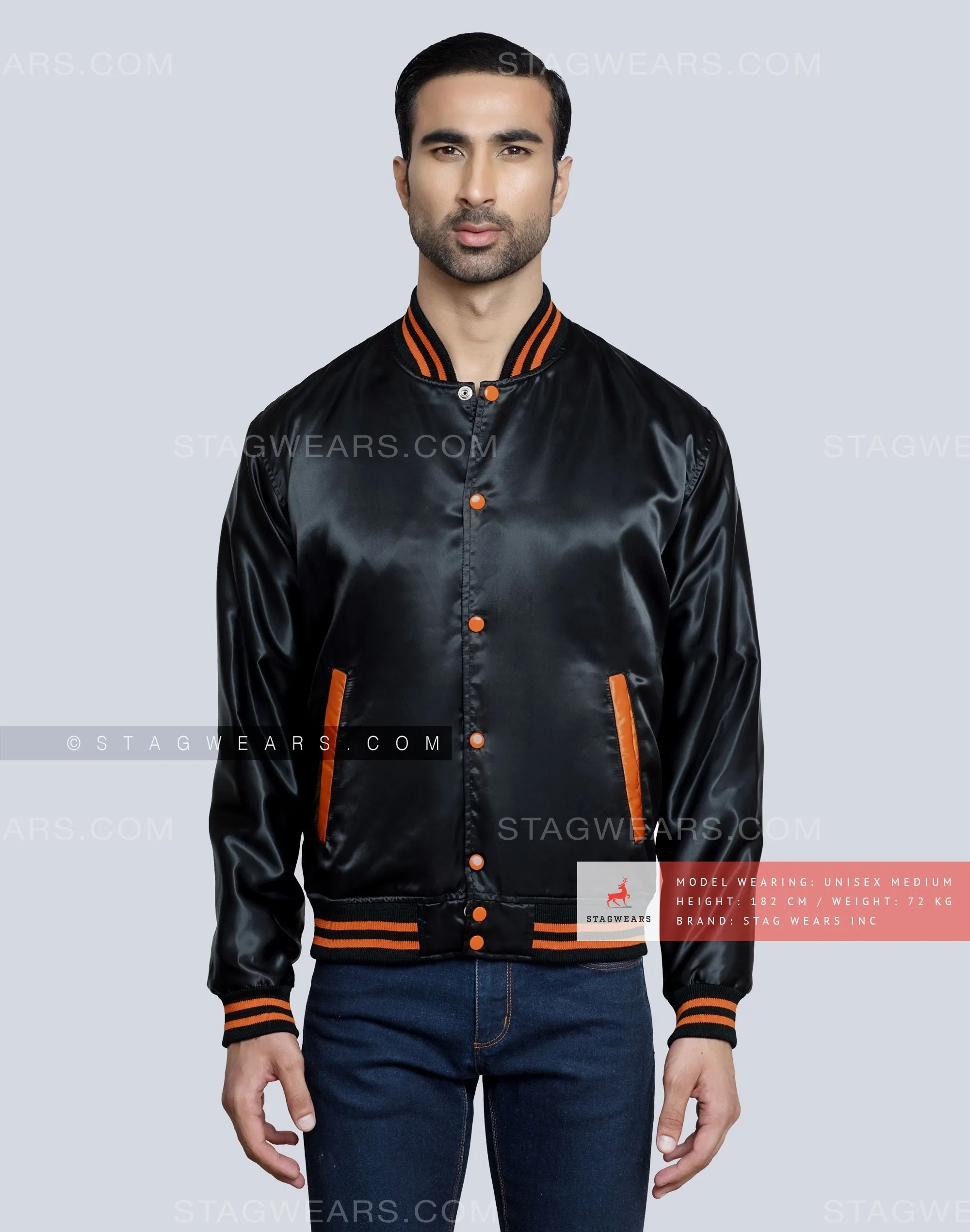 Black Satin Varsity Jacket with Orange pockets and Knit lines