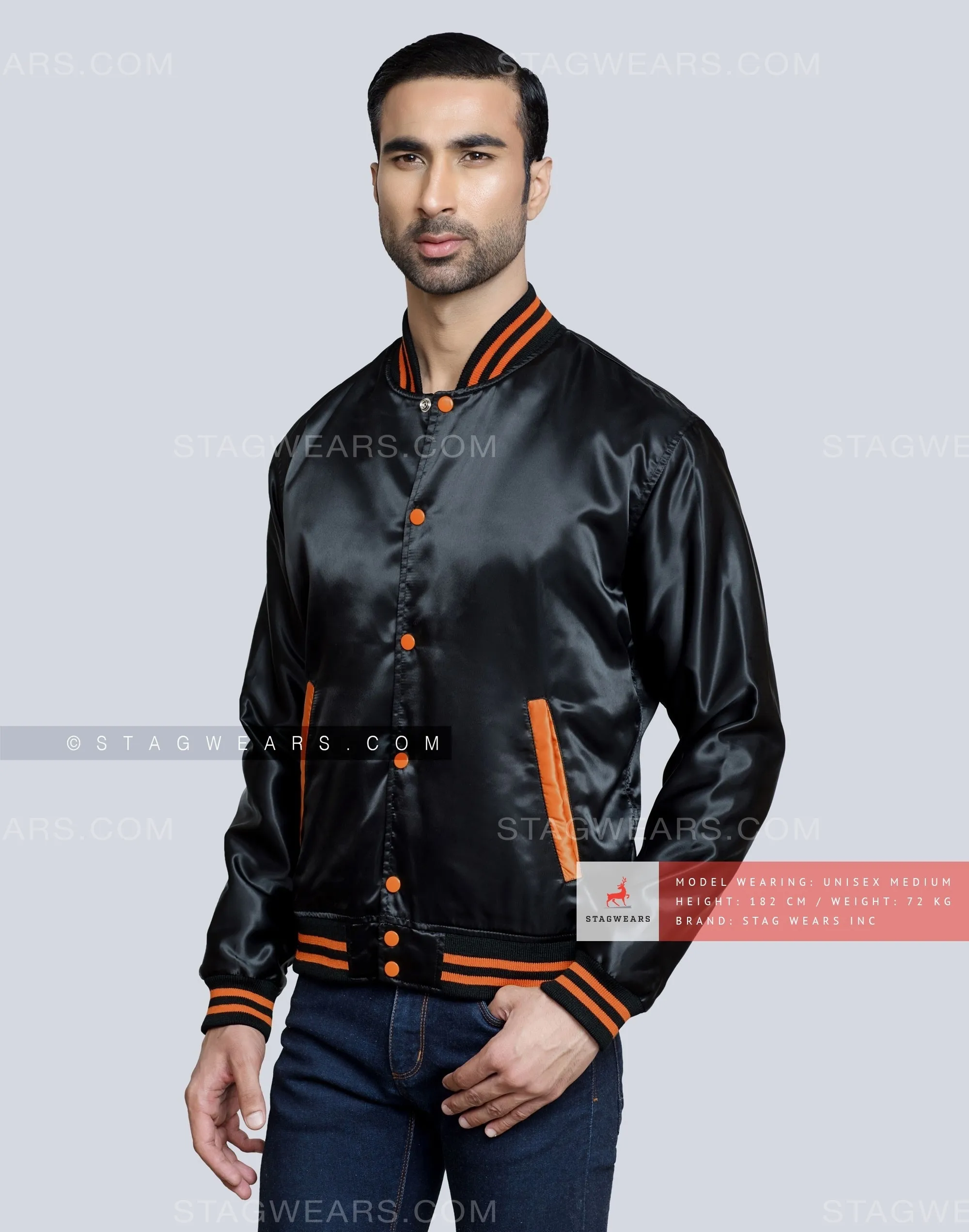 Black Satin Varsity Jacket with Orange pockets and Knit lines