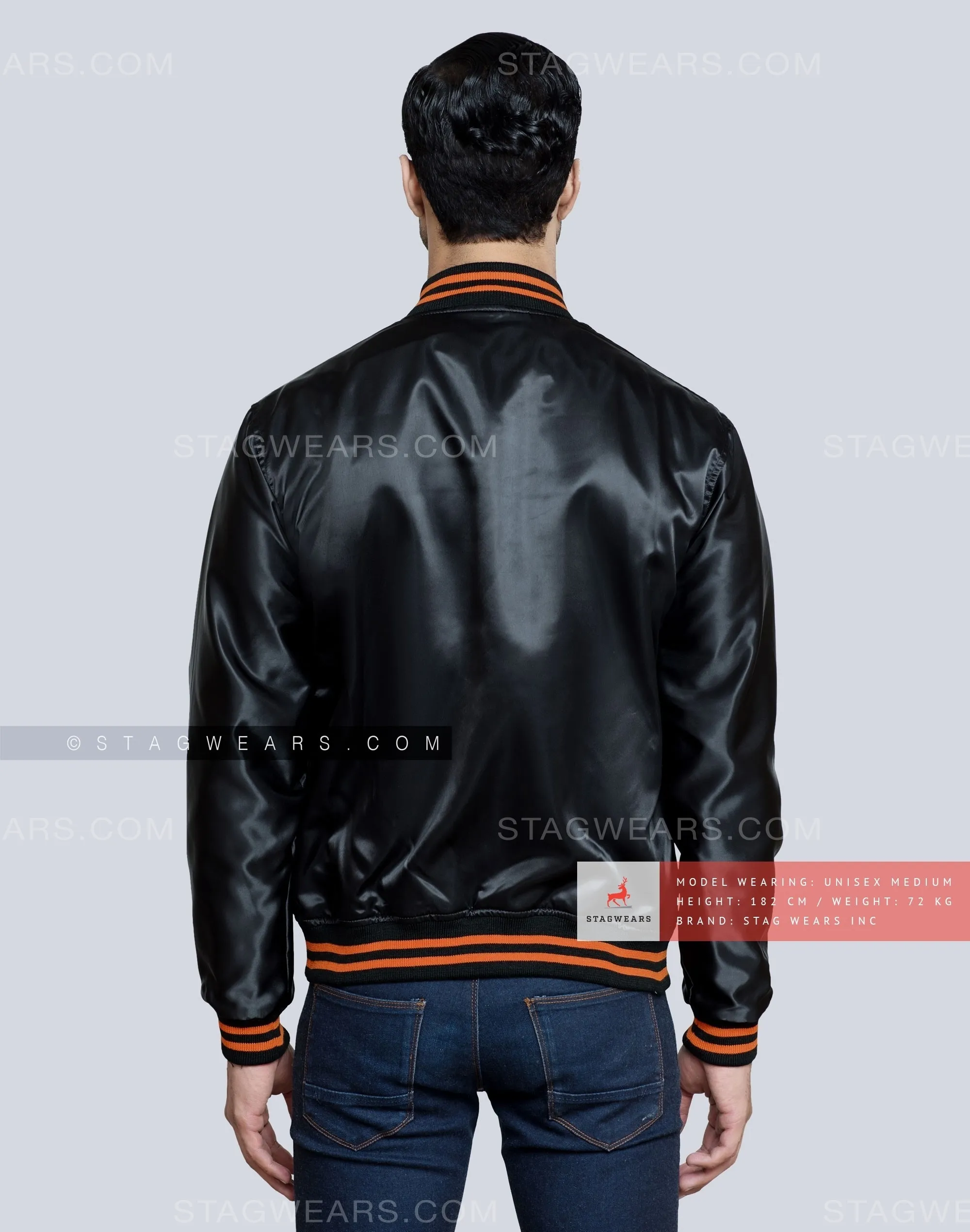 Black Satin Varsity Jacket with Orange pockets and Knit lines