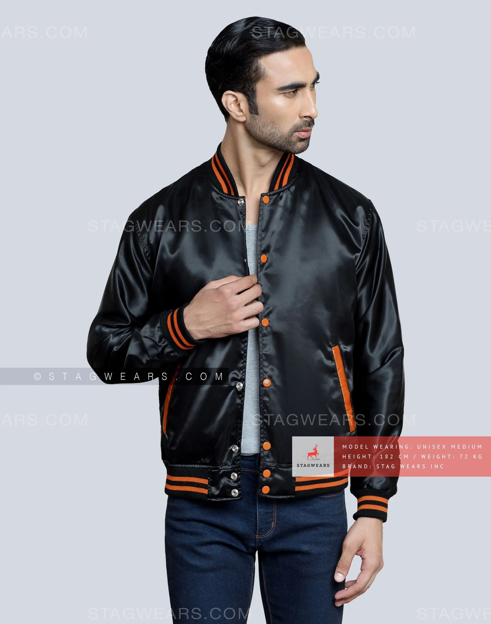 Black Satin Varsity Jacket with Orange pockets and Knit lines