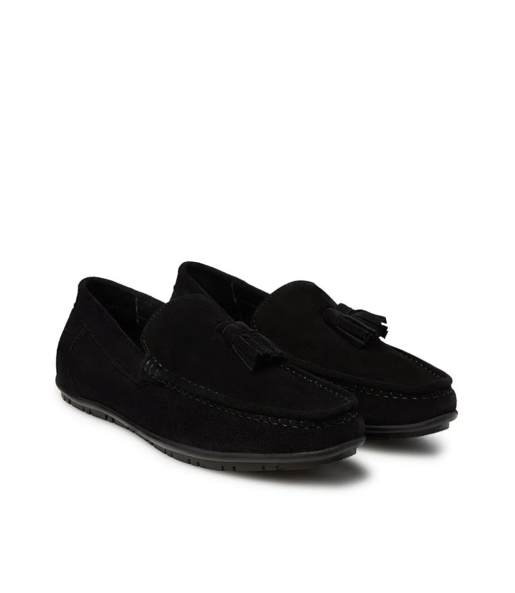 Black suede loafer with tassels