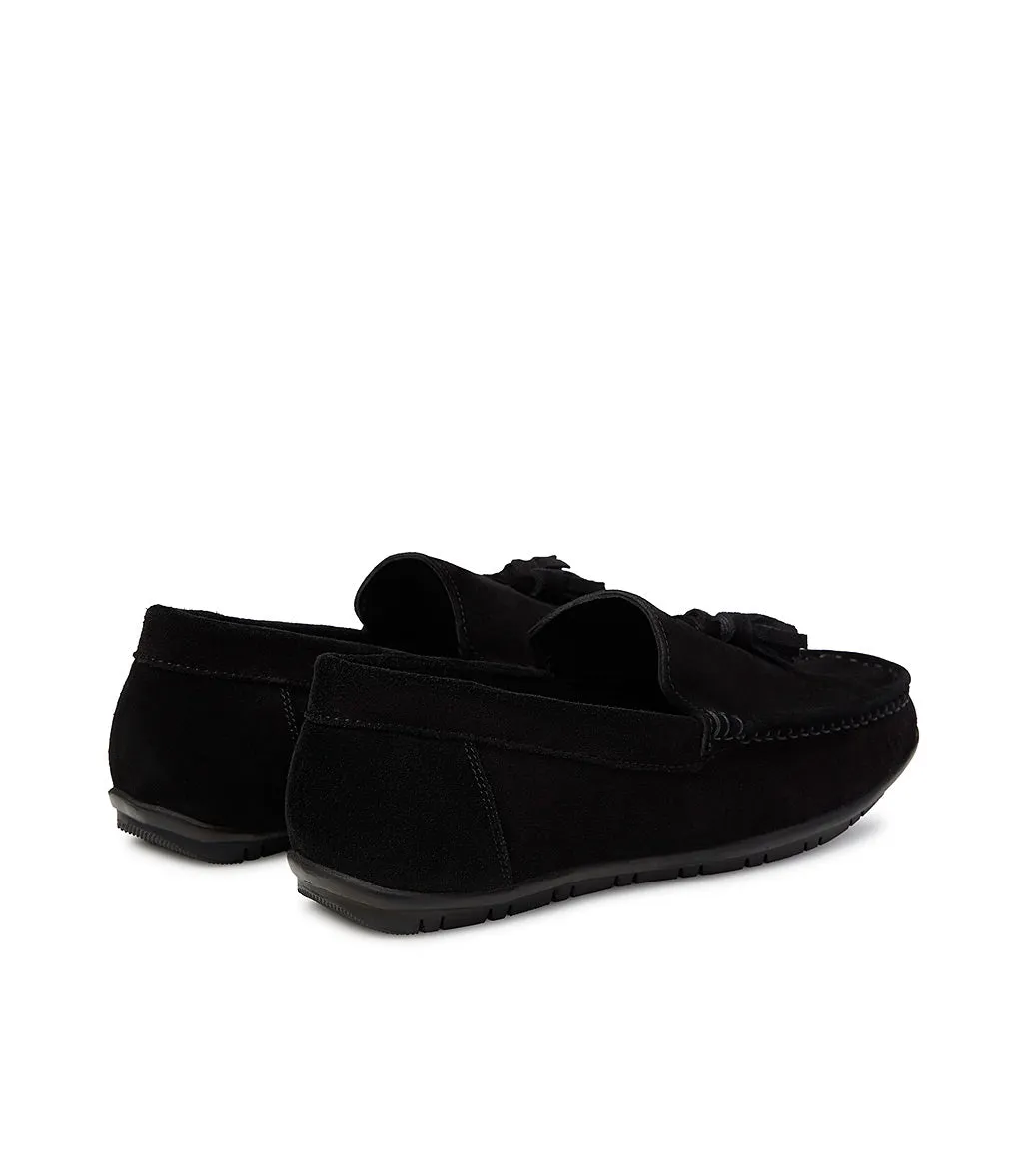 Black suede loafer with tassels