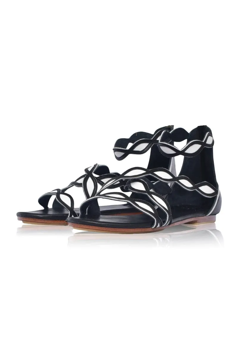 Blossom Leather Sandals in Black and White