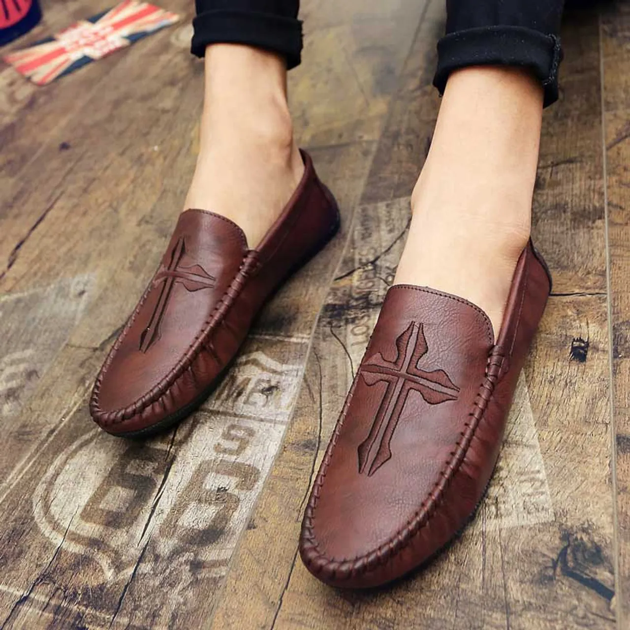 Brown cross pattern slip on shoe loafer