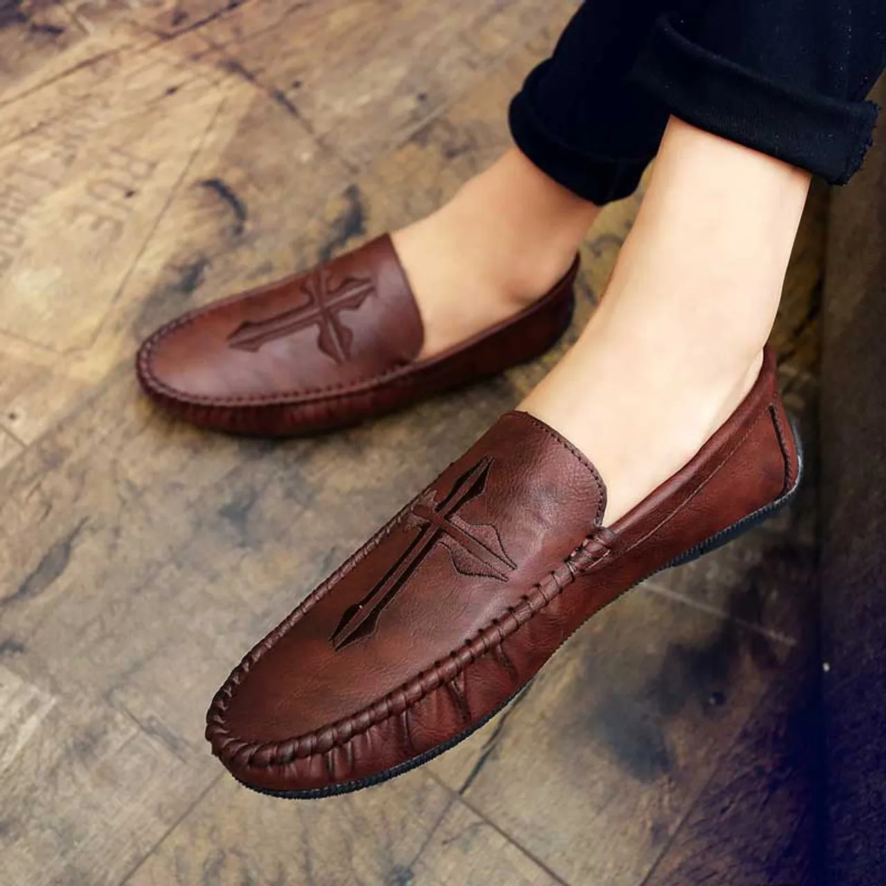 Brown cross pattern slip on shoe loafer