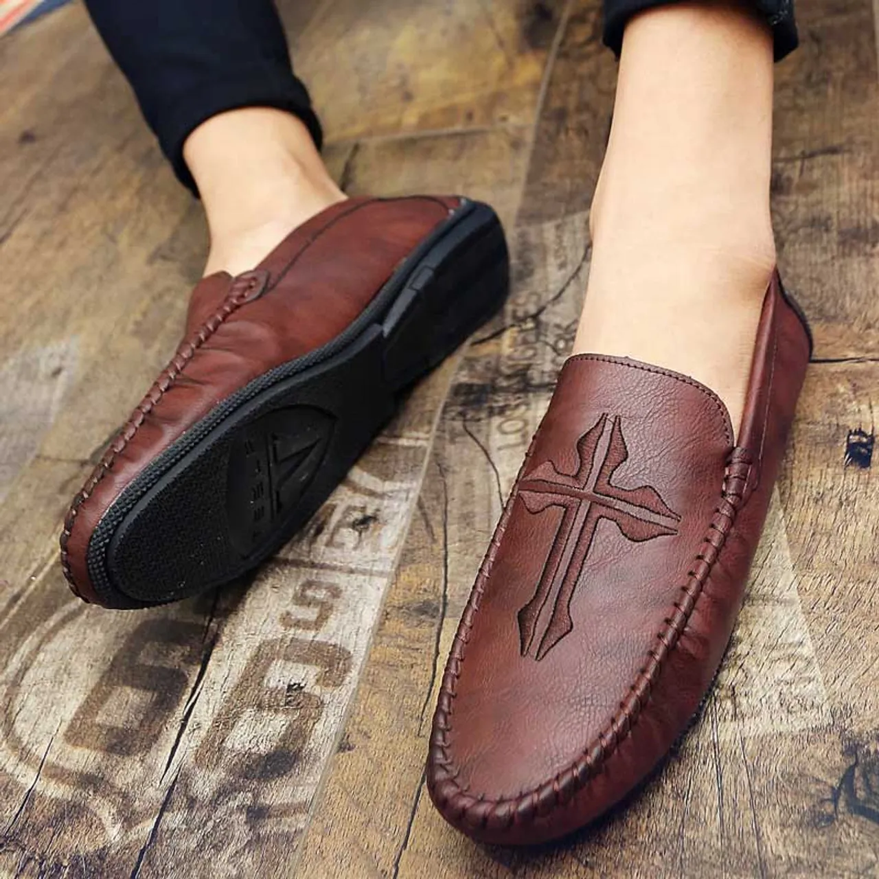 Brown cross pattern slip on shoe loafer