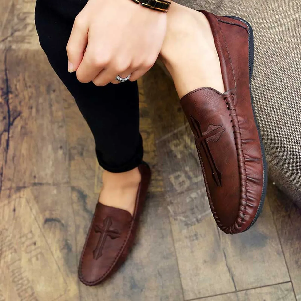 Brown cross pattern slip on shoe loafer