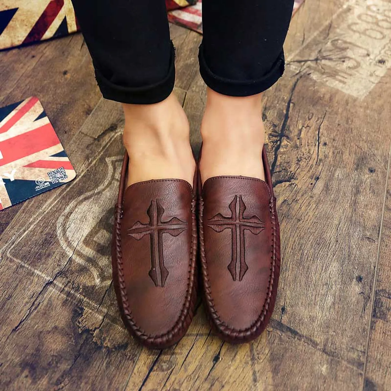 Brown cross pattern slip on shoe loafer