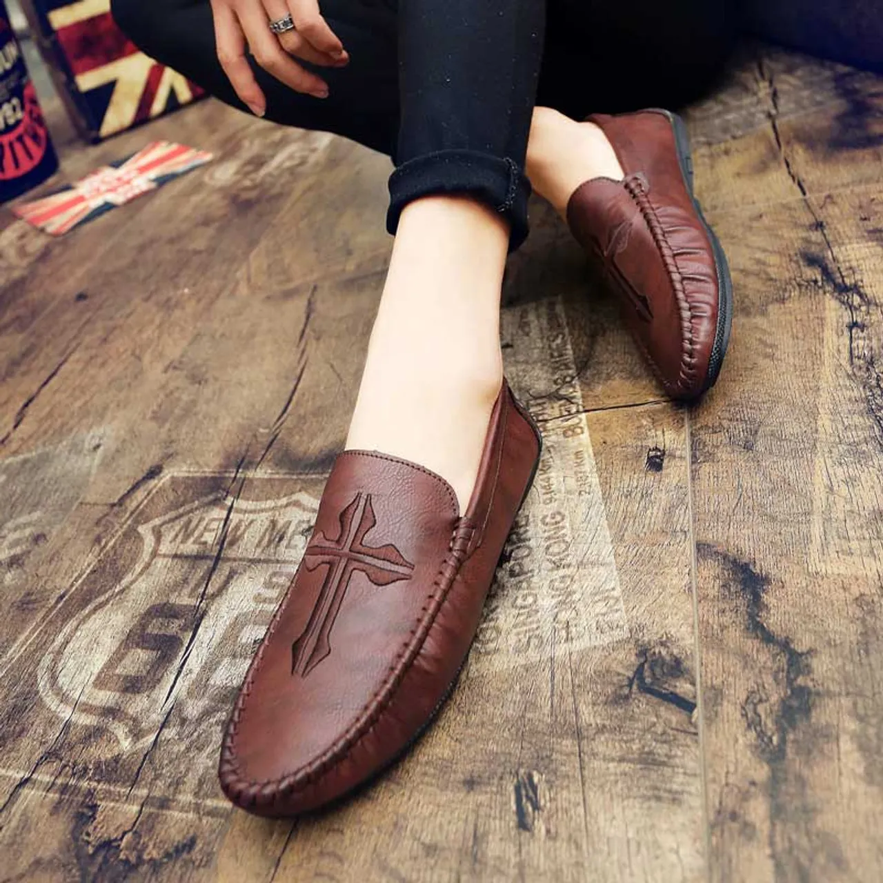 Brown cross pattern slip on shoe loafer