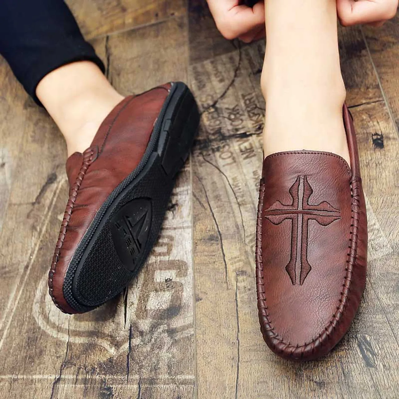 Brown cross pattern slip on shoe loafer