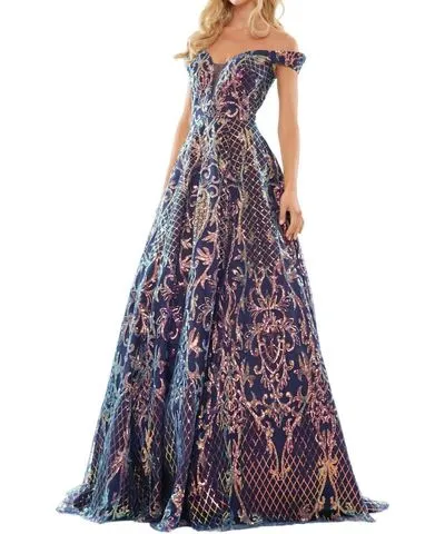 COLORS DRESS Off Shoulder Sequin Lace Evening Gown In Navy