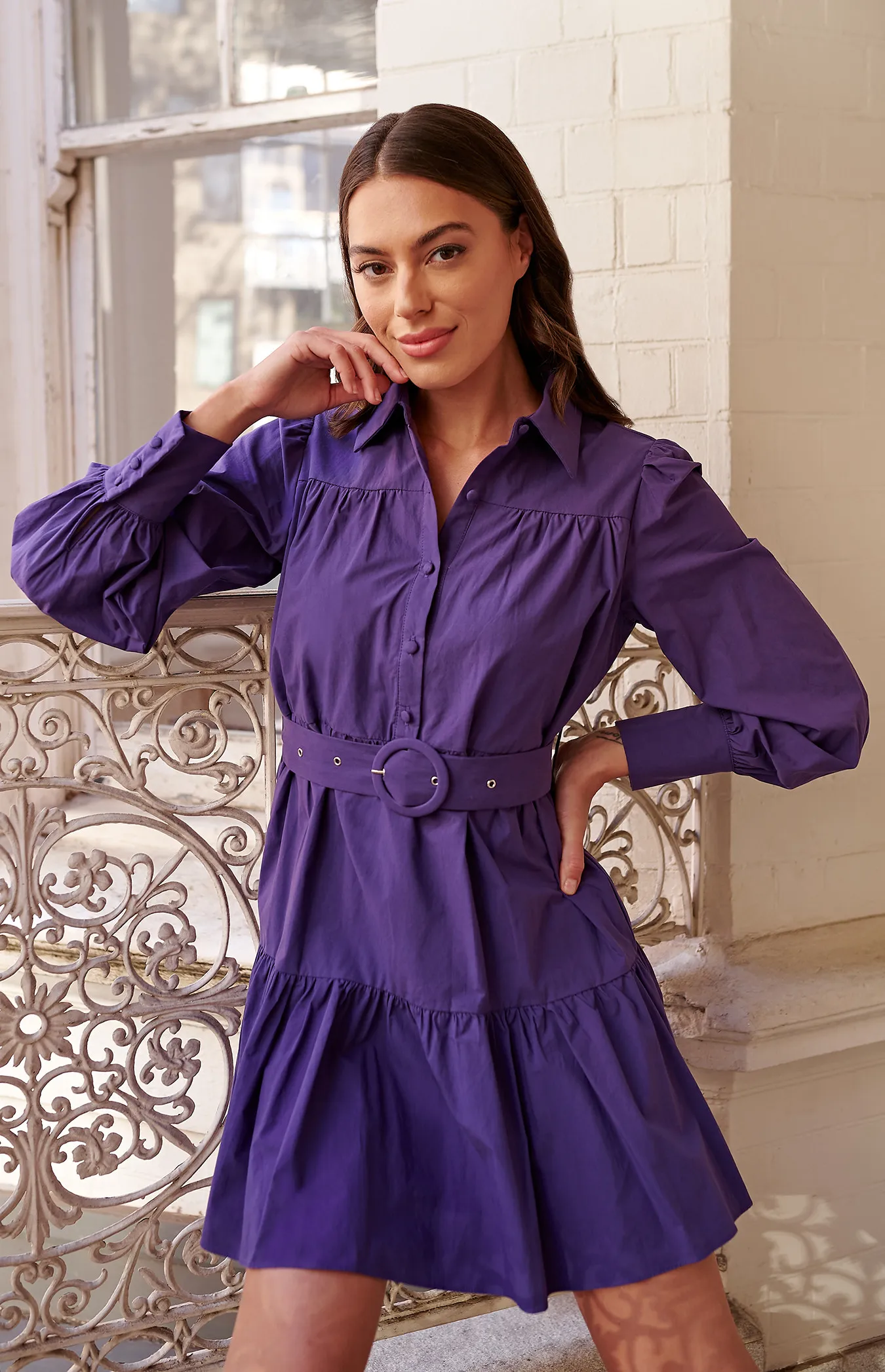 Cotton Tiered Shirt Dress with Circle Buckle Belt (SDR1384A)