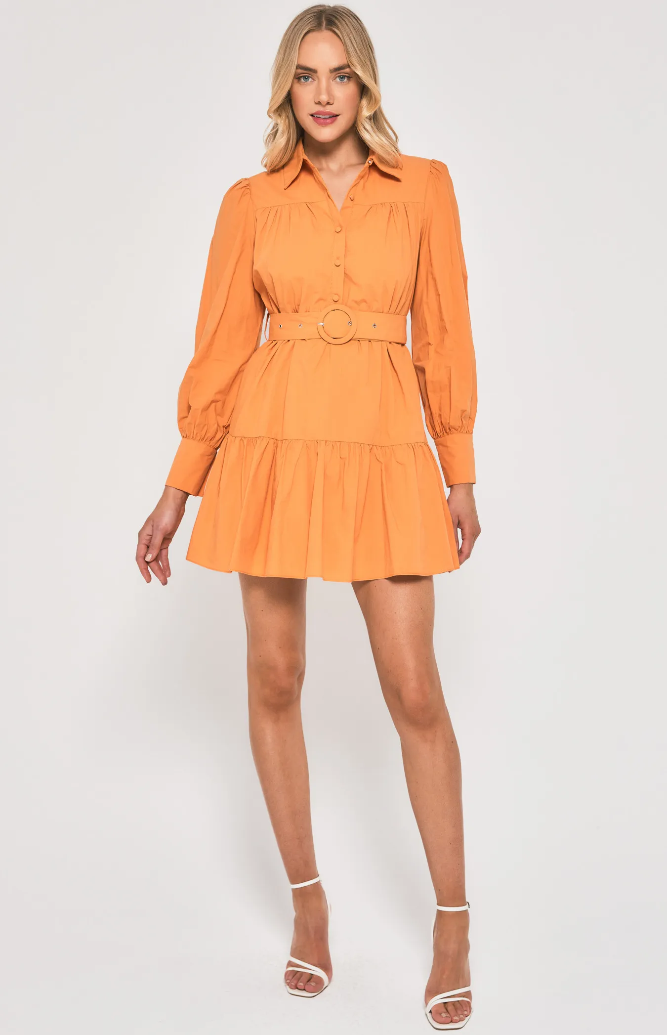 Cotton Tiered Shirt Dress with Circle Buckle Belt (SDR1384A)