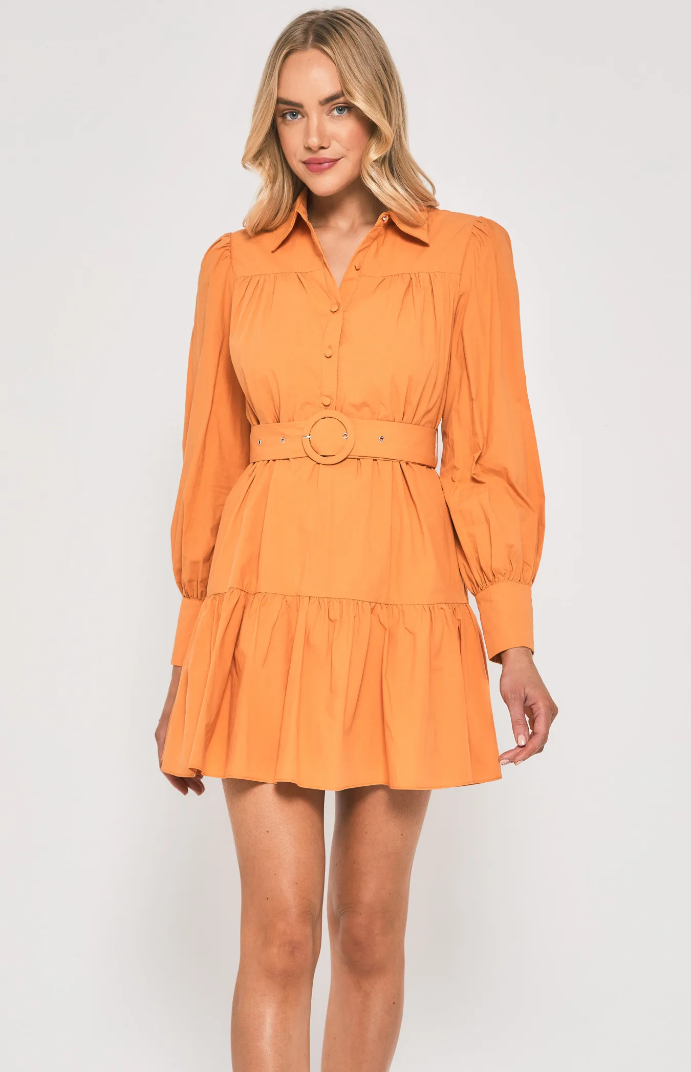 Cotton Tiered Shirt Dress with Circle Buckle Belt (SDR1384A)