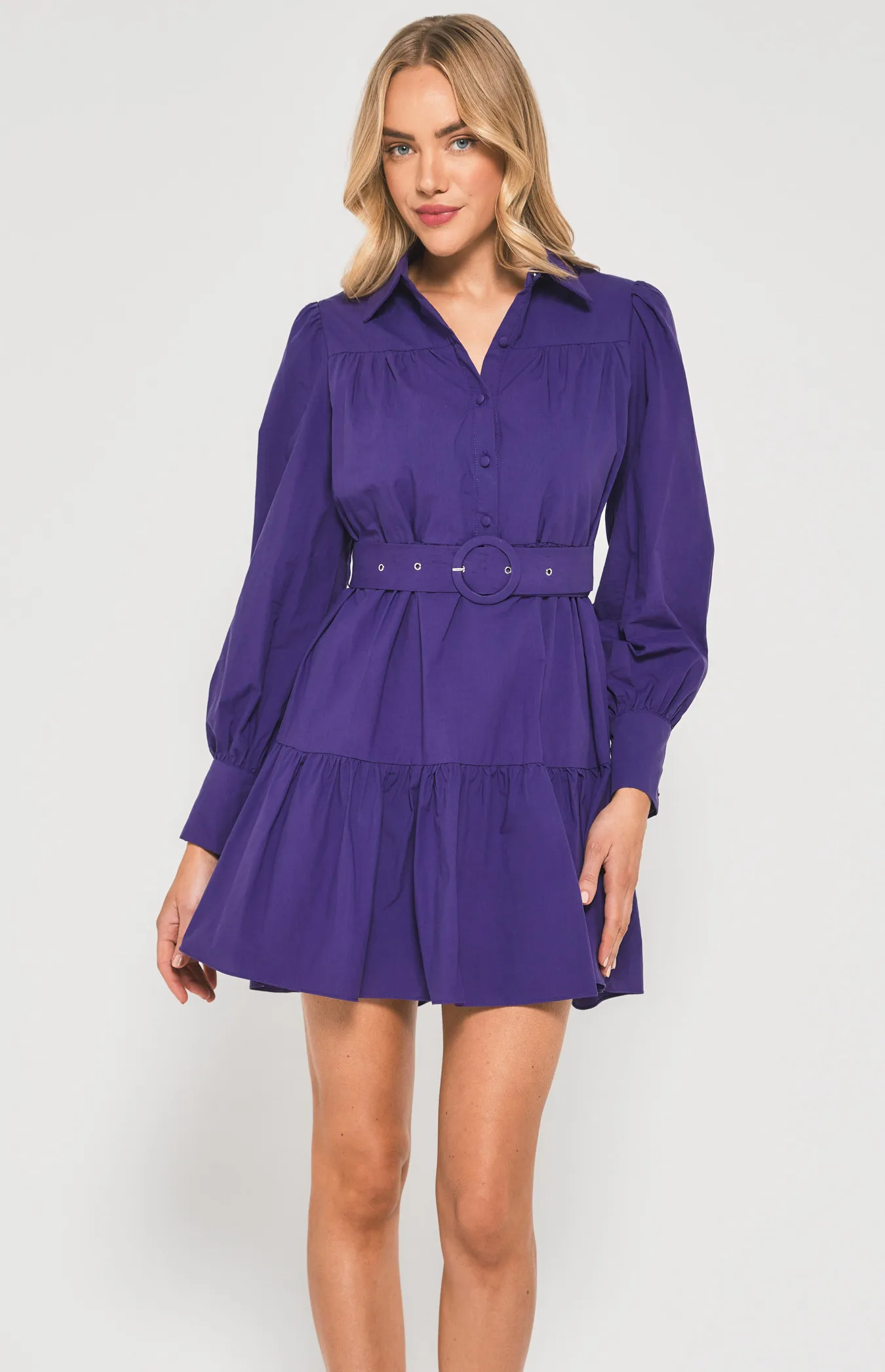 Cotton Tiered Shirt Dress with Circle Buckle Belt (SDR1384A)