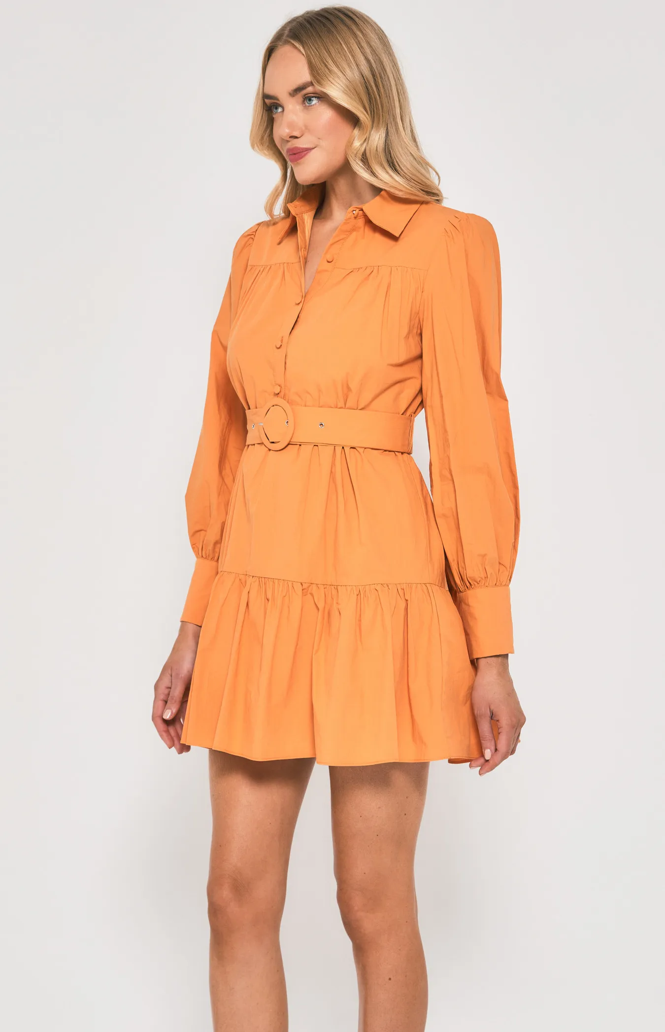 Cotton Tiered Shirt Dress with Circle Buckle Belt (SDR1384A)