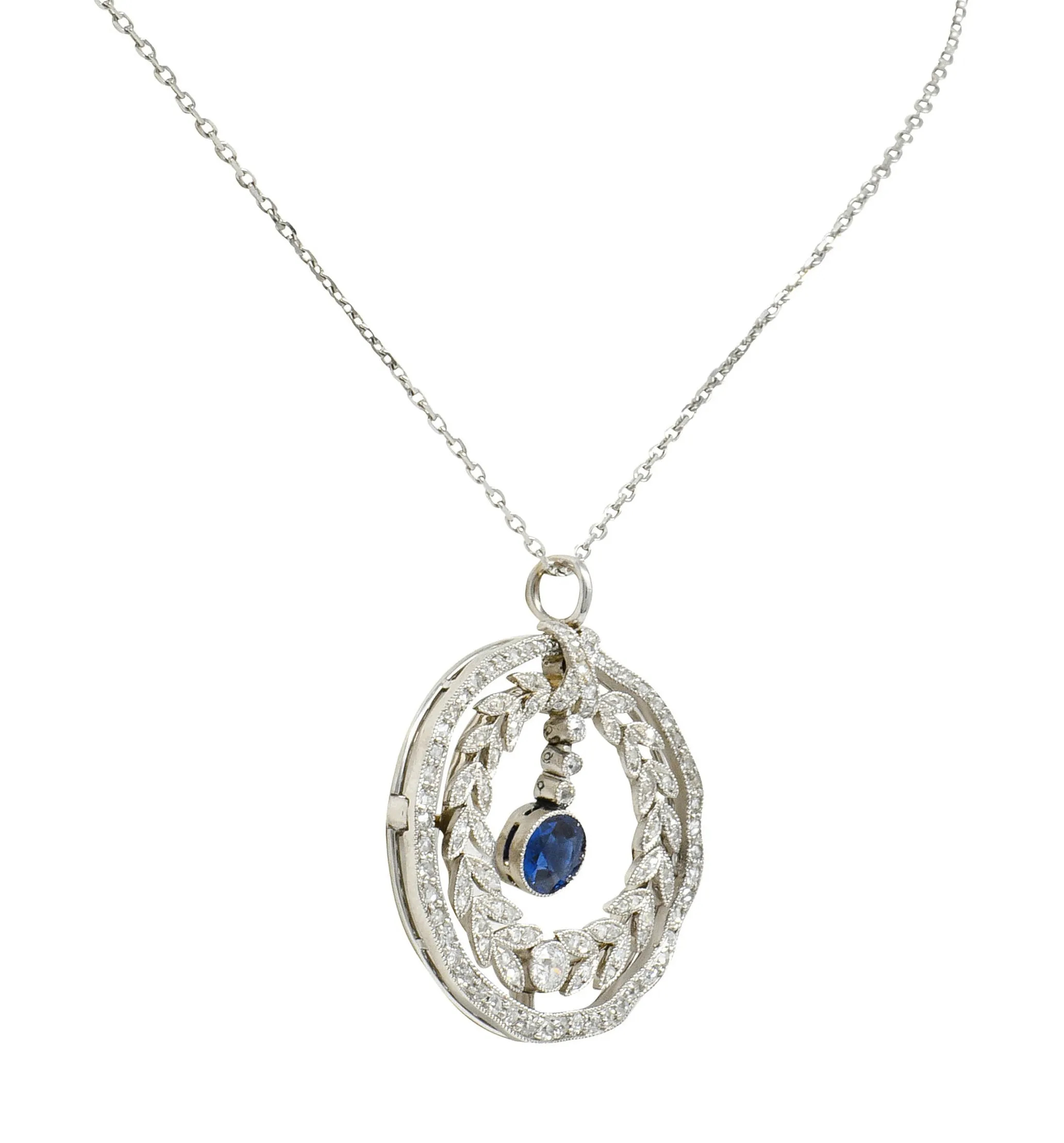 Edwardian 1.75 CTW Sapphire Diamond Platinum Laurel Pendant Necklace