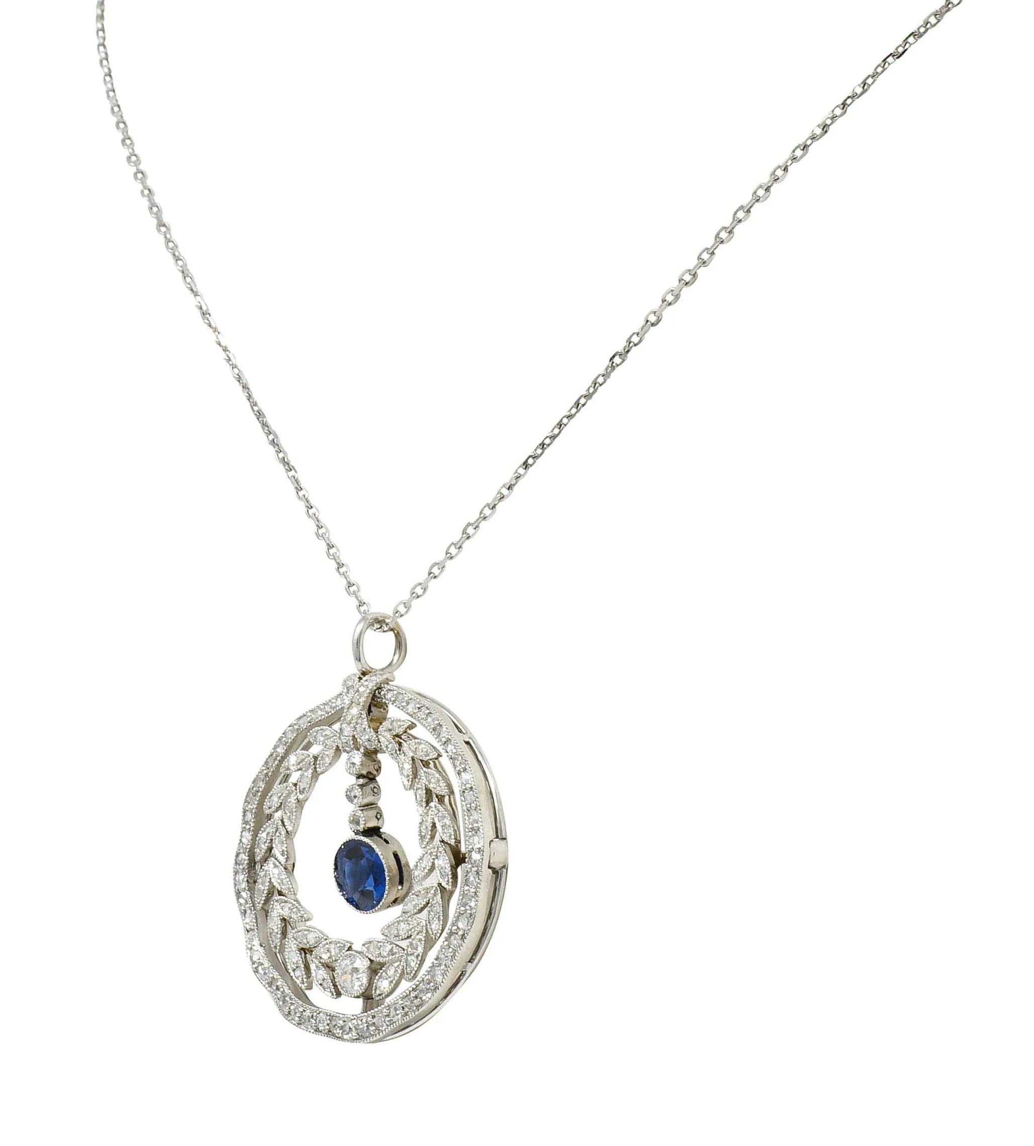 Edwardian 1.75 CTW Sapphire Diamond Platinum Laurel Pendant Necklace