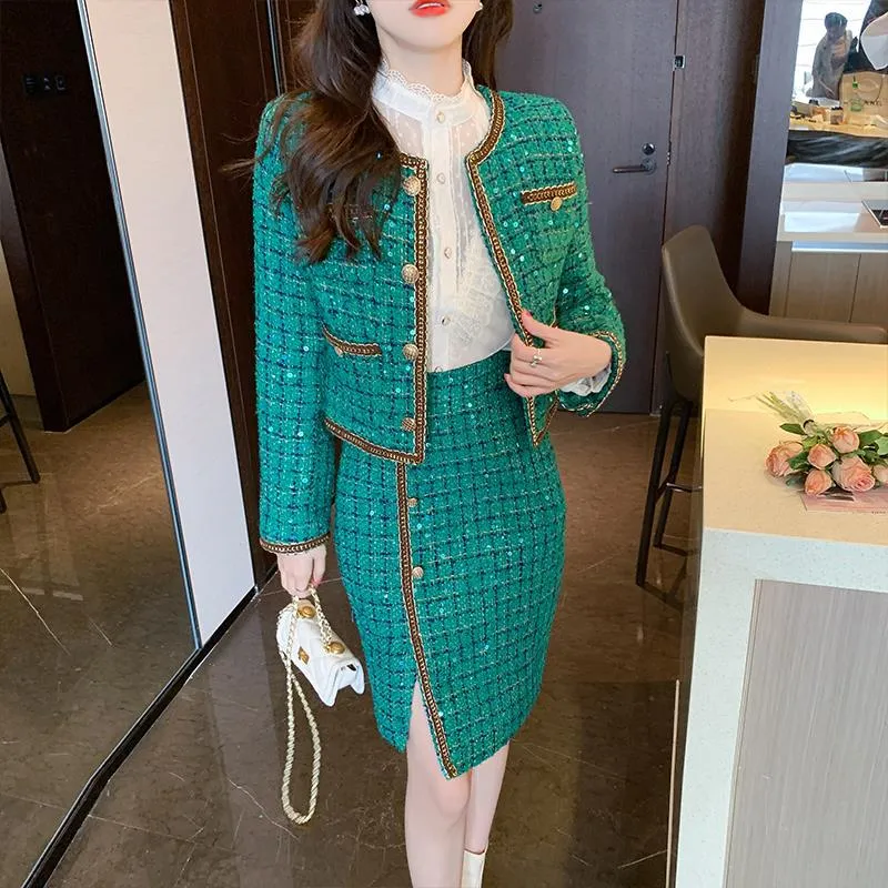 Elegant Green Tweed Coat Irregular Sheath Skirt Suit