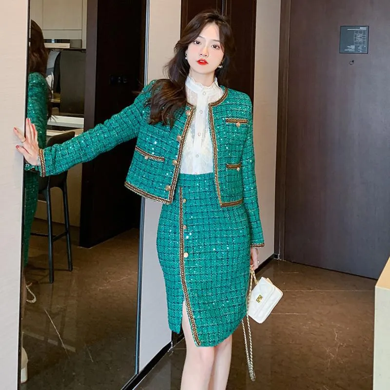 Elegant Green Tweed Coat Irregular Sheath Skirt Suit