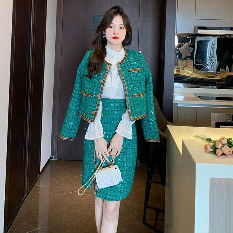 Elegant Green Tweed Coat Irregular Sheath Skirt Suit