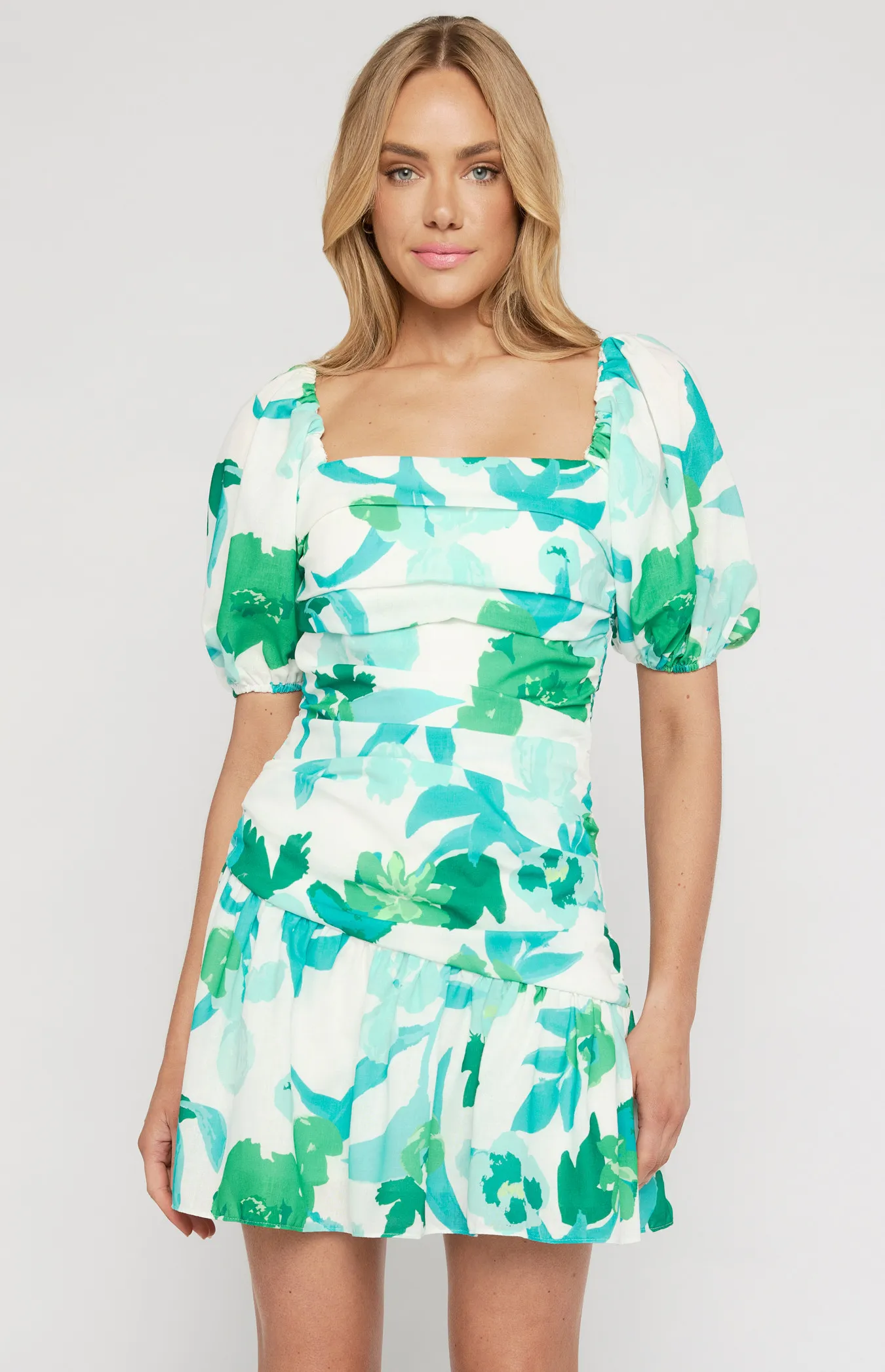 Faux Linen Floral Print Mini Dress (WDR593A)