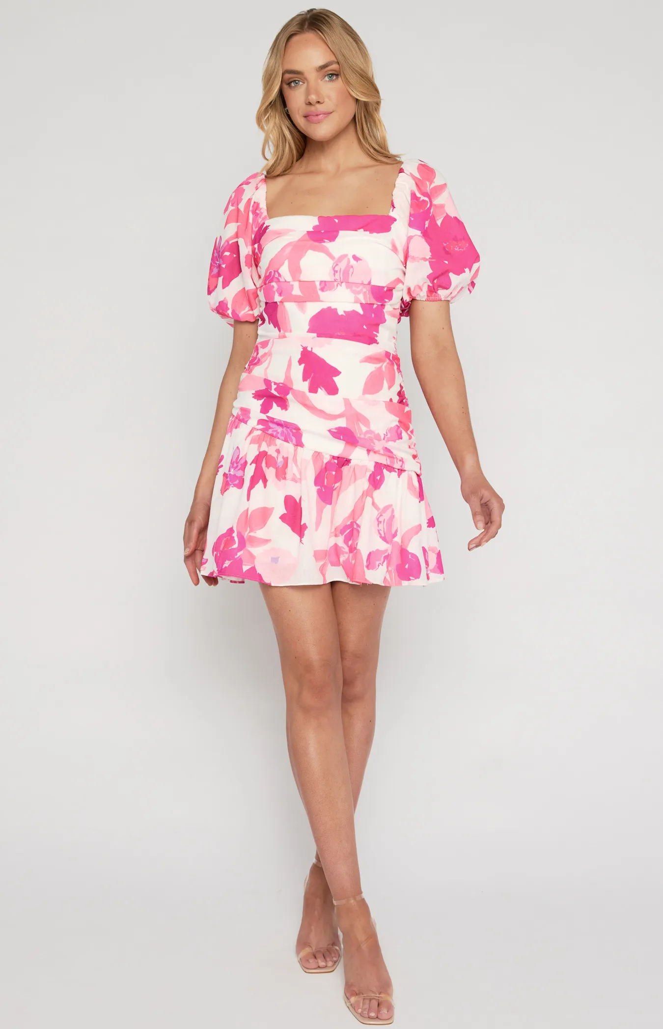 Faux Linen Floral Print Mini Dress (WDR593A)