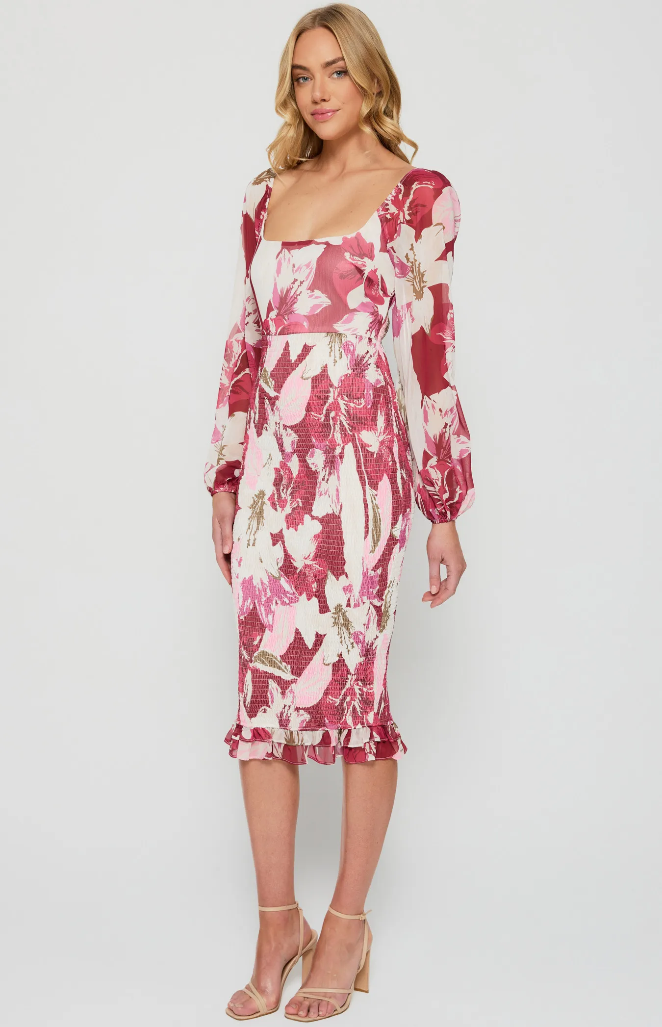 Floral Scoop Neck Shirred Dress with Bubble Sleeves (SDR1386B)