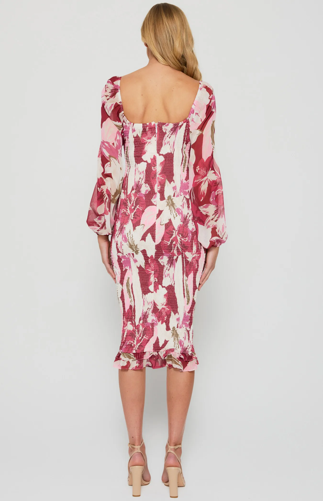 Floral Scoop Neck Shirred Dress with Bubble Sleeves (SDR1386B)