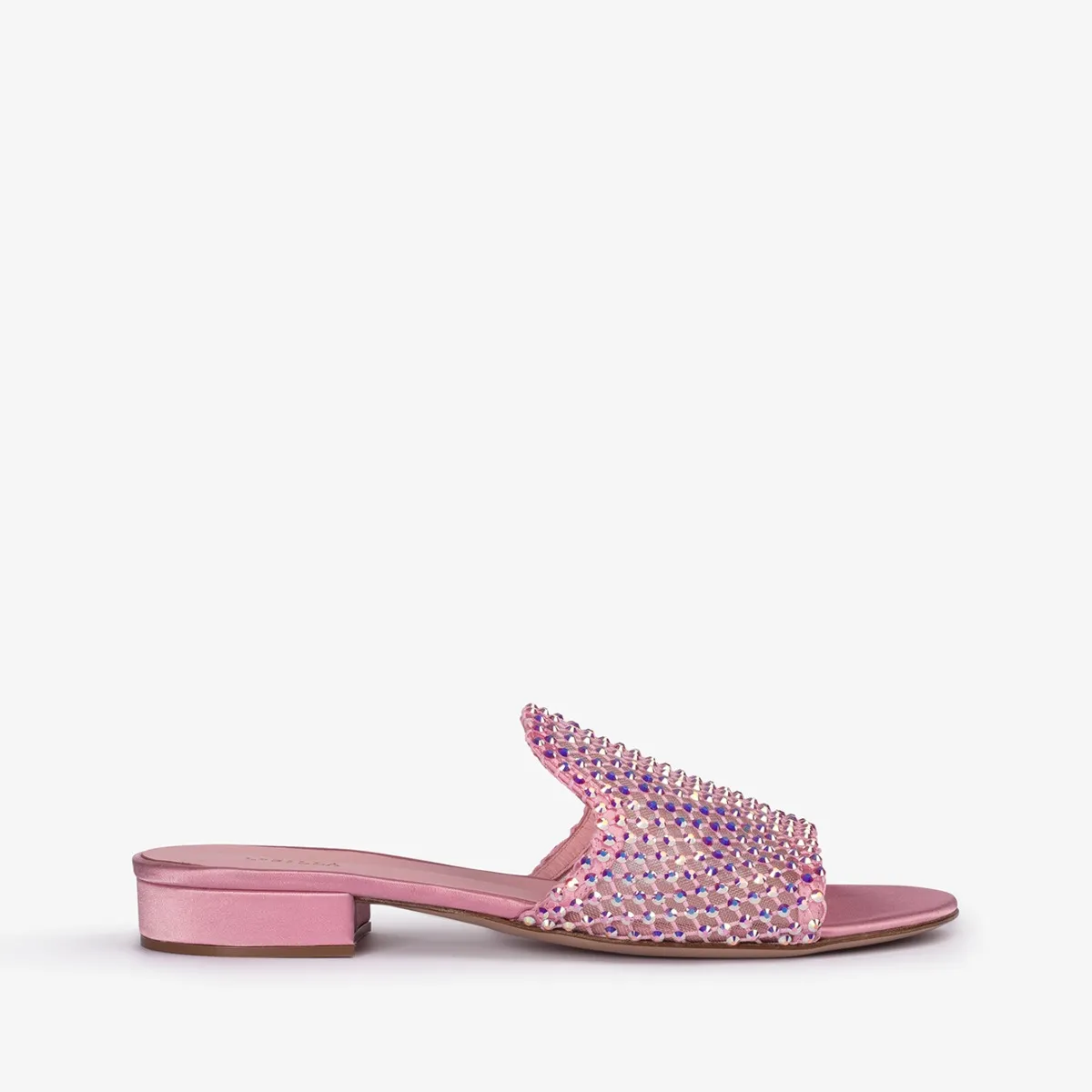 GILDA SANDAL Goddess pink fishnet mule sandal with Crystals