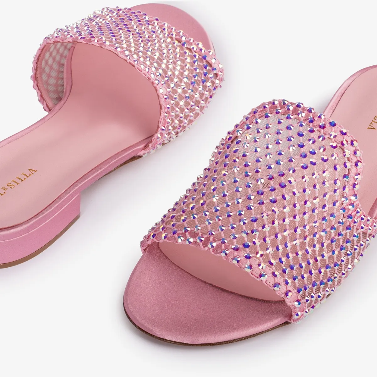 GILDA SANDAL Goddess pink fishnet mule sandal with Crystals