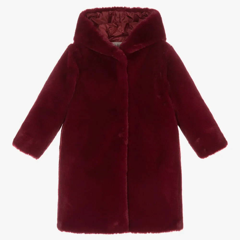 Girls Burgundy Red Faux Fur Coat