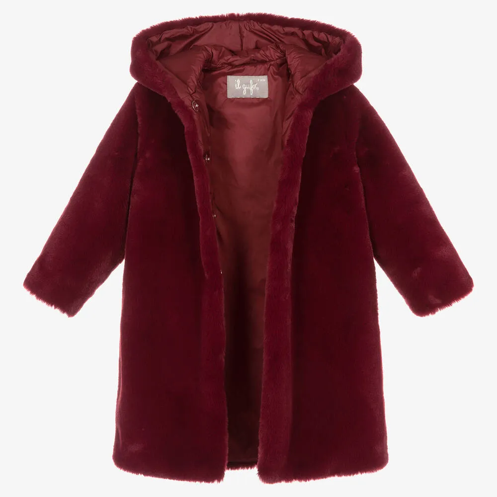 Girls Burgundy Red Faux Fur Coat