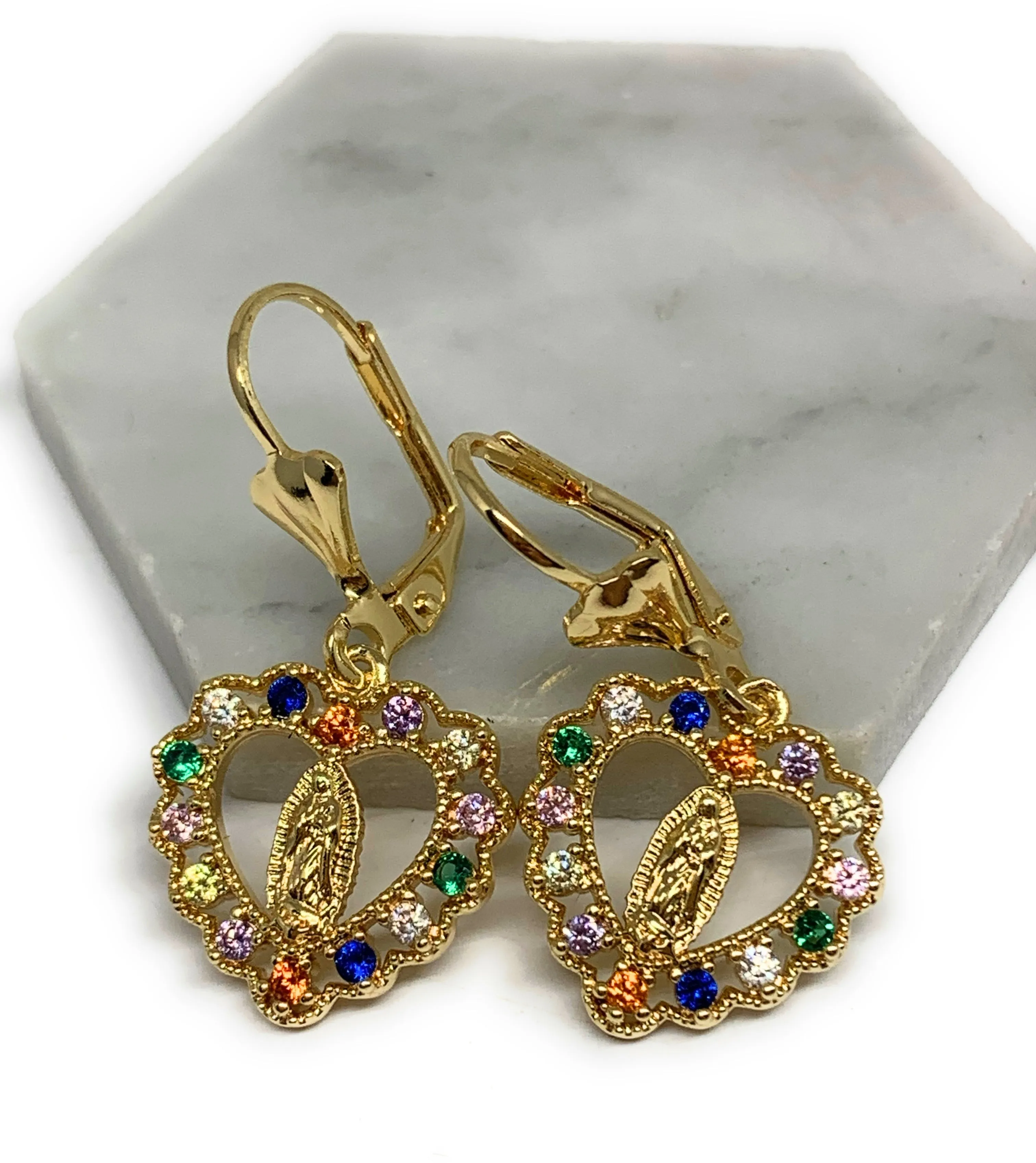 Gold Plated Virgin Mary Heart Earrings w/ Stones Aretes Virgen Guadalupe