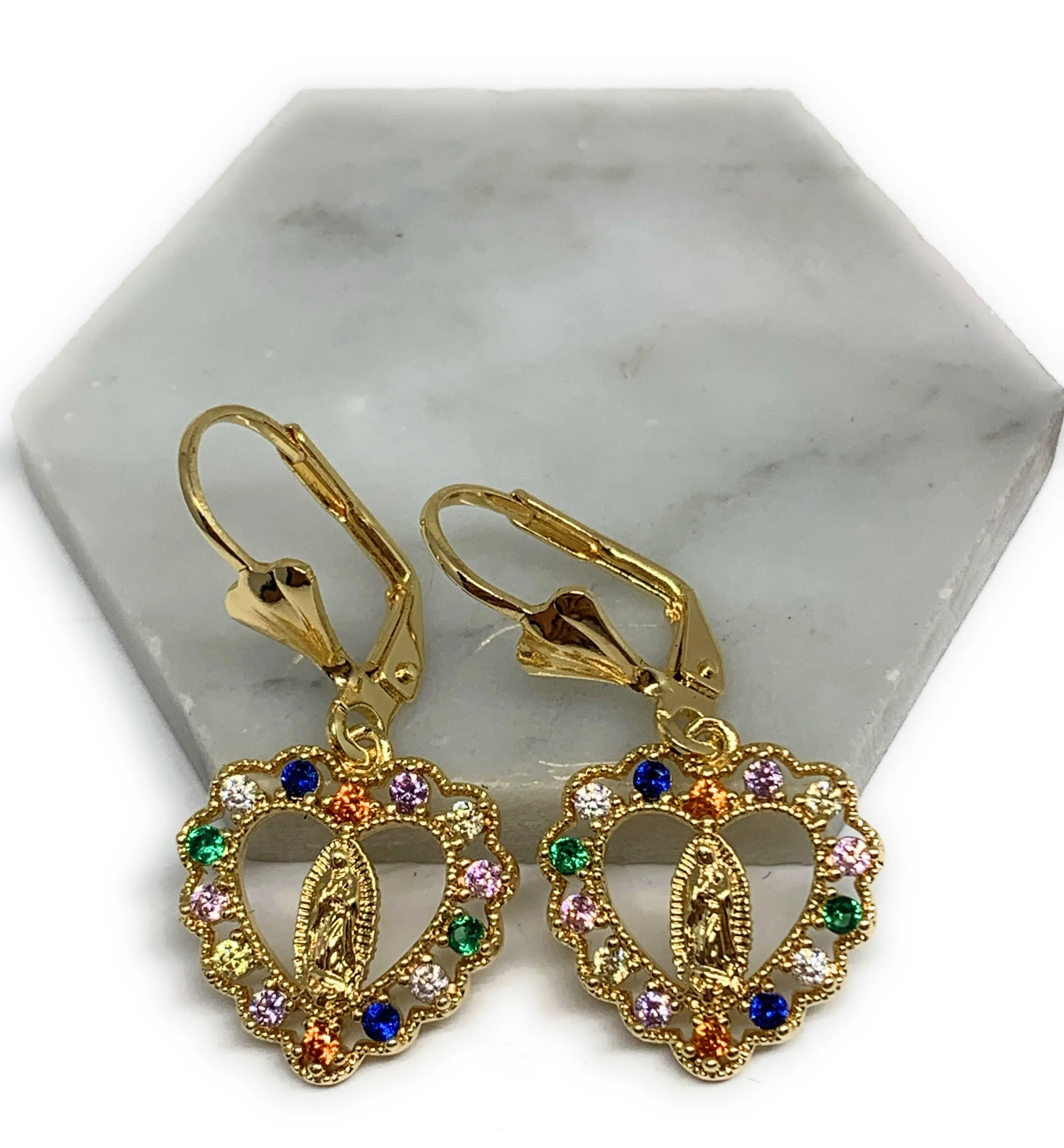 Gold Plated Virgin Mary Heart Earrings w/ Stones Aretes Virgen Guadalupe