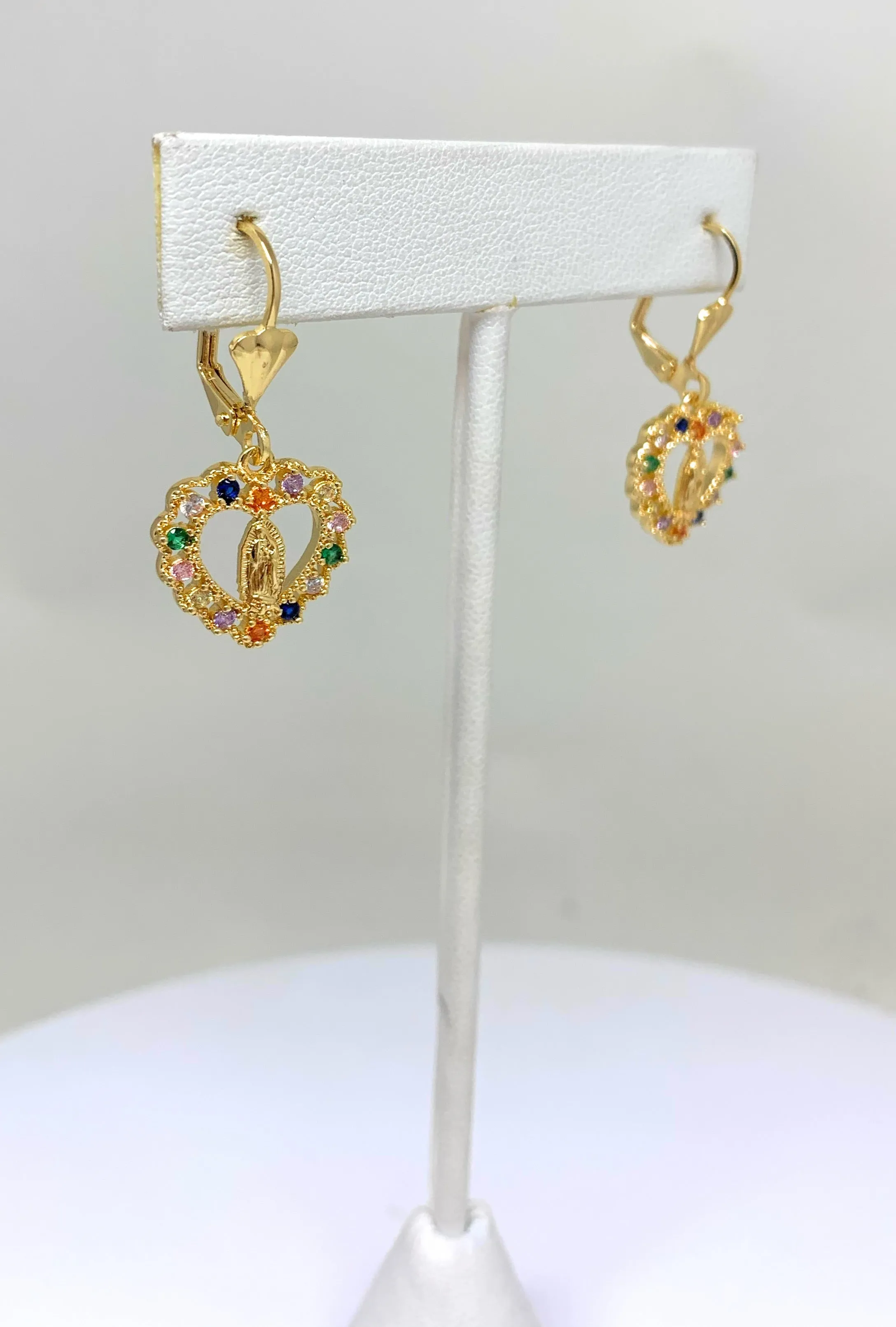 Gold Plated Virgin Mary Heart Earrings w/ Stones Aretes Virgen Guadalupe